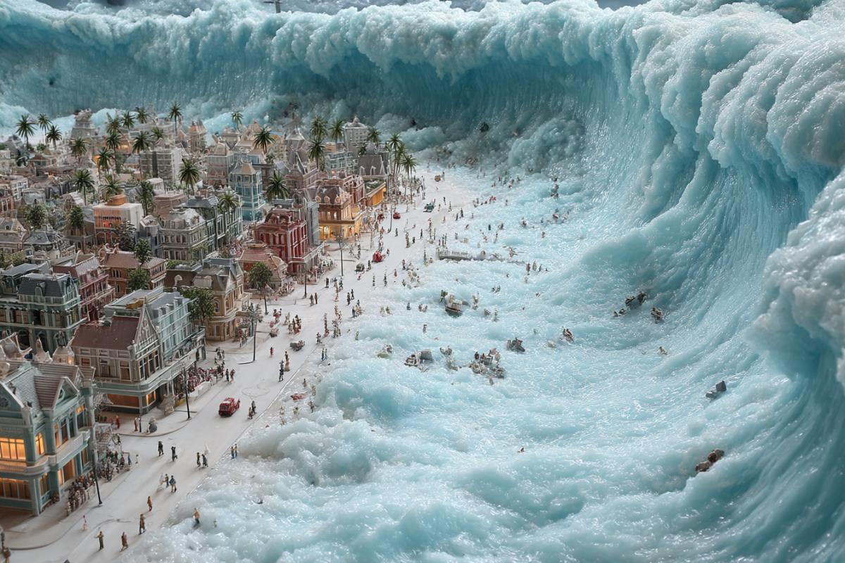A large wave of tsunami destroys the city