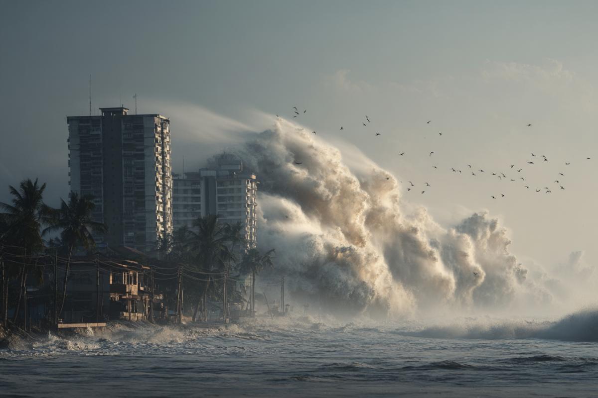 A large wave of tsunami destroys the city
