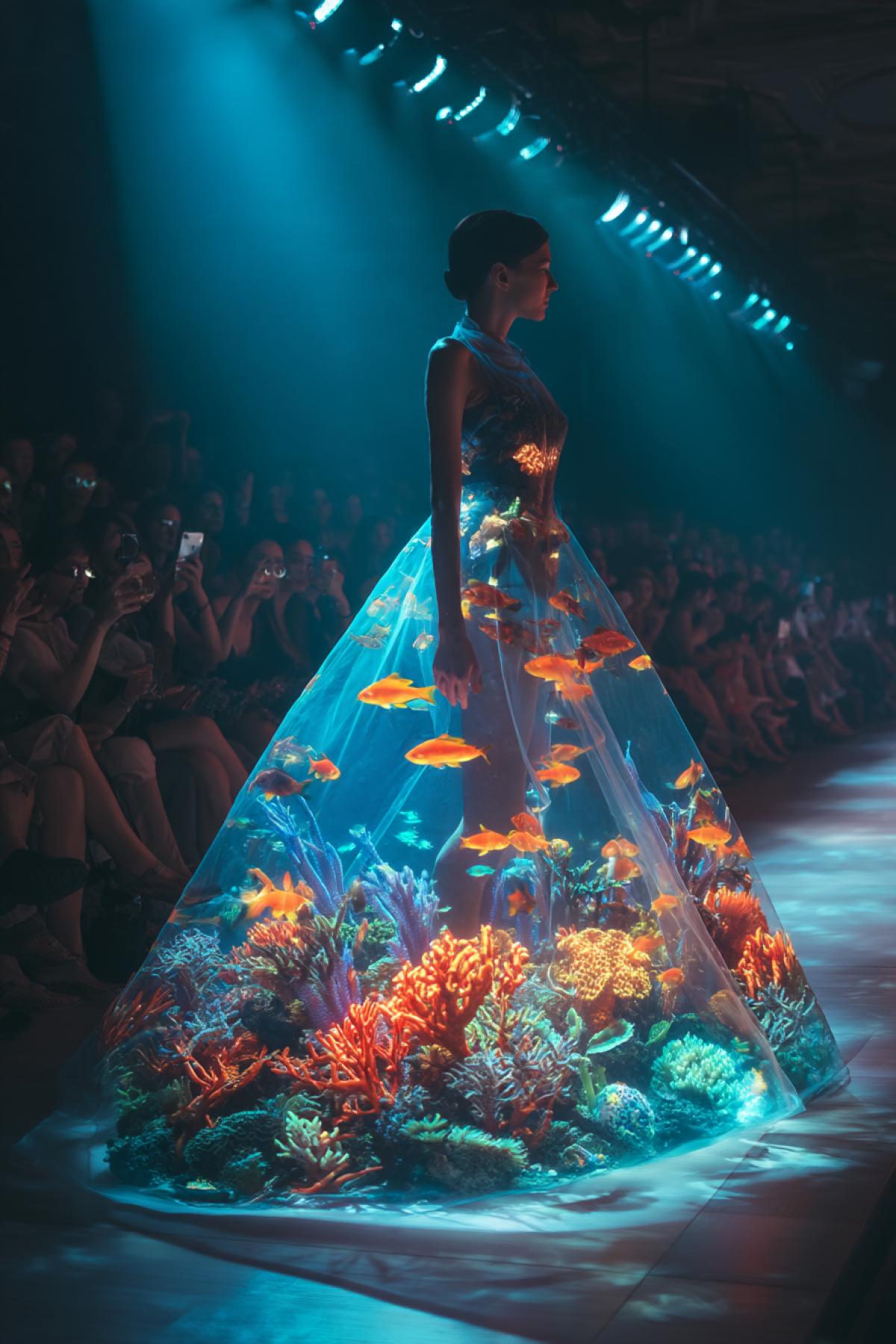 : futuristic fashion runway, model wearing a flowing incredible dress filled with live tropical fish, glowing corals and jellyfish, illuminated from within, surrounded by flashing cameras, haute couture underwater concept, surreal yet elegant, soft lighting and vivid marine colors