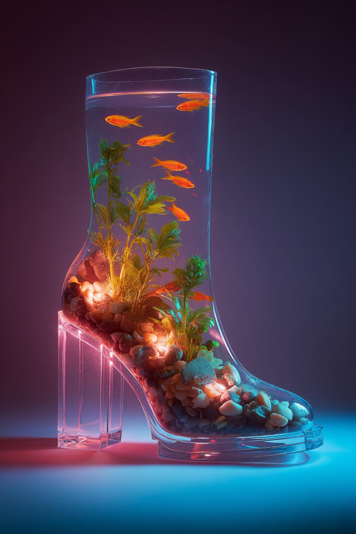 a single high-fashion boot turned into a tiny whimsical aquarium, neon tetra fish, pebbles and aquatic plants inside the transparent heel, displayed in a gallery, bold and surreal fashion-art concept