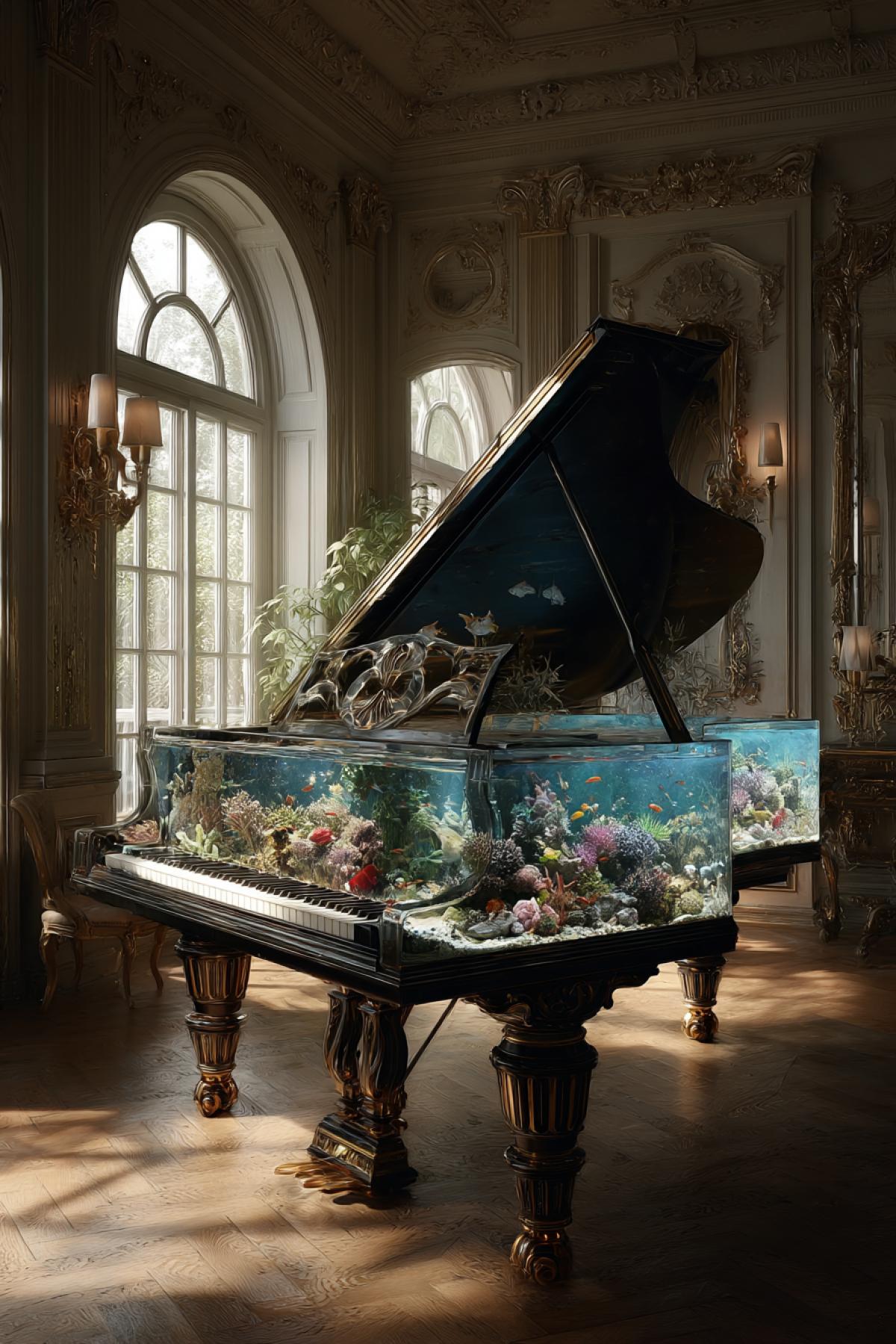 vintage grand piano turned into a luxurious aquarium, piano lid open luxury coral reef inside, exotic fish swimming among piano strings, room with classical interior, sunlight through tall windows, magical and unexpected harmony
