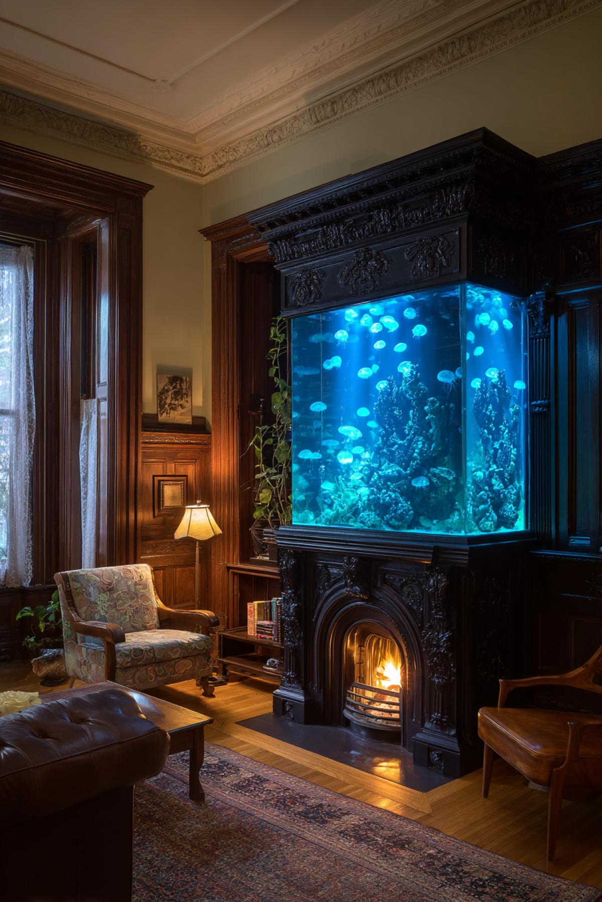 classic ornate fireplace turned into a glowing vertical aquarium, fire replaced by jellyfish and seahorses drifting in blue light, cozy vintage living room, warm wood tones, elegant and magical contrast