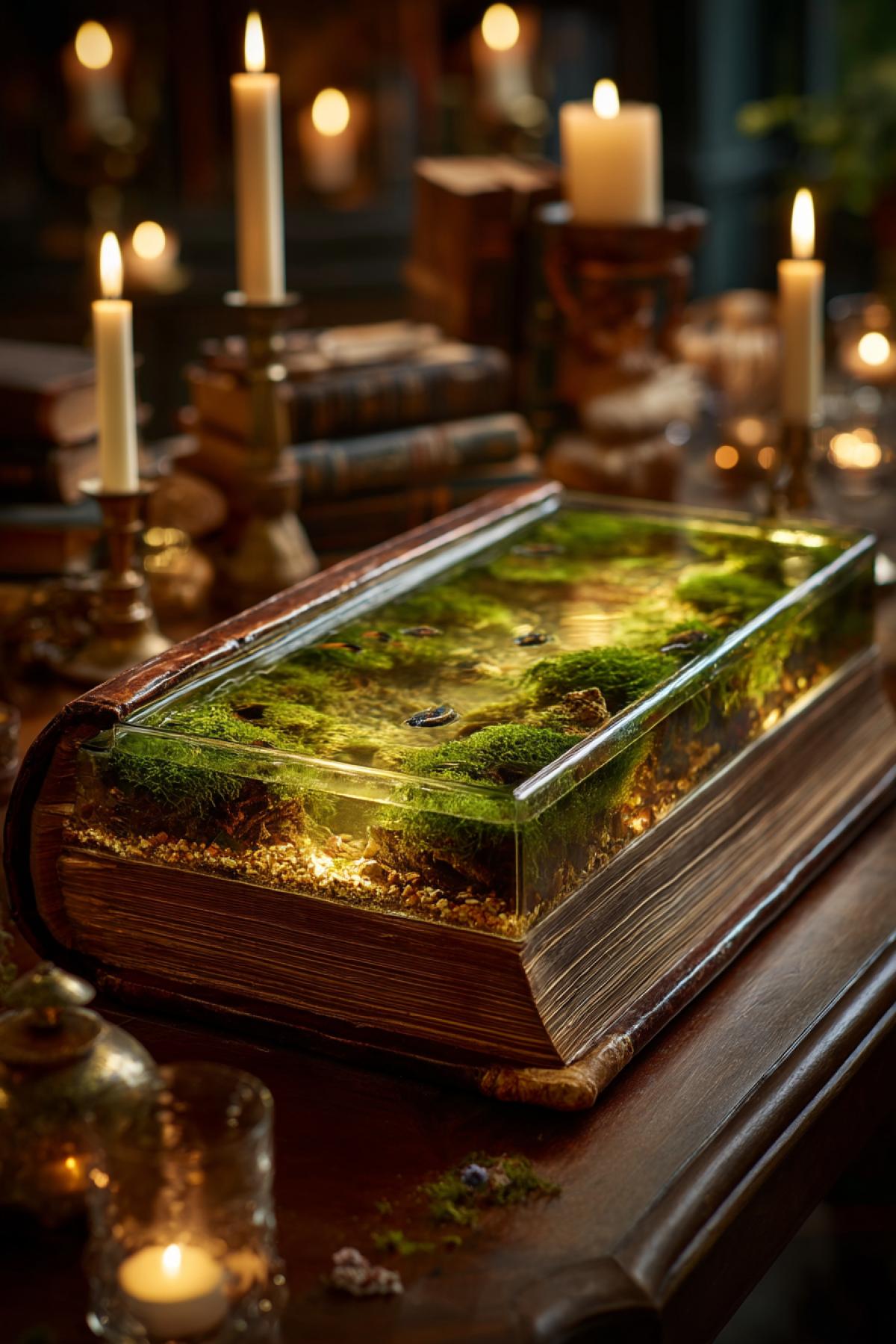 thick ancient book opened on a wooden table, inside glass-covered pages reveal a living miniature aquatic ecosystem, glowing moss, tiny fish swimming through the spine, candle-lit library setting, mysterious and enchanting