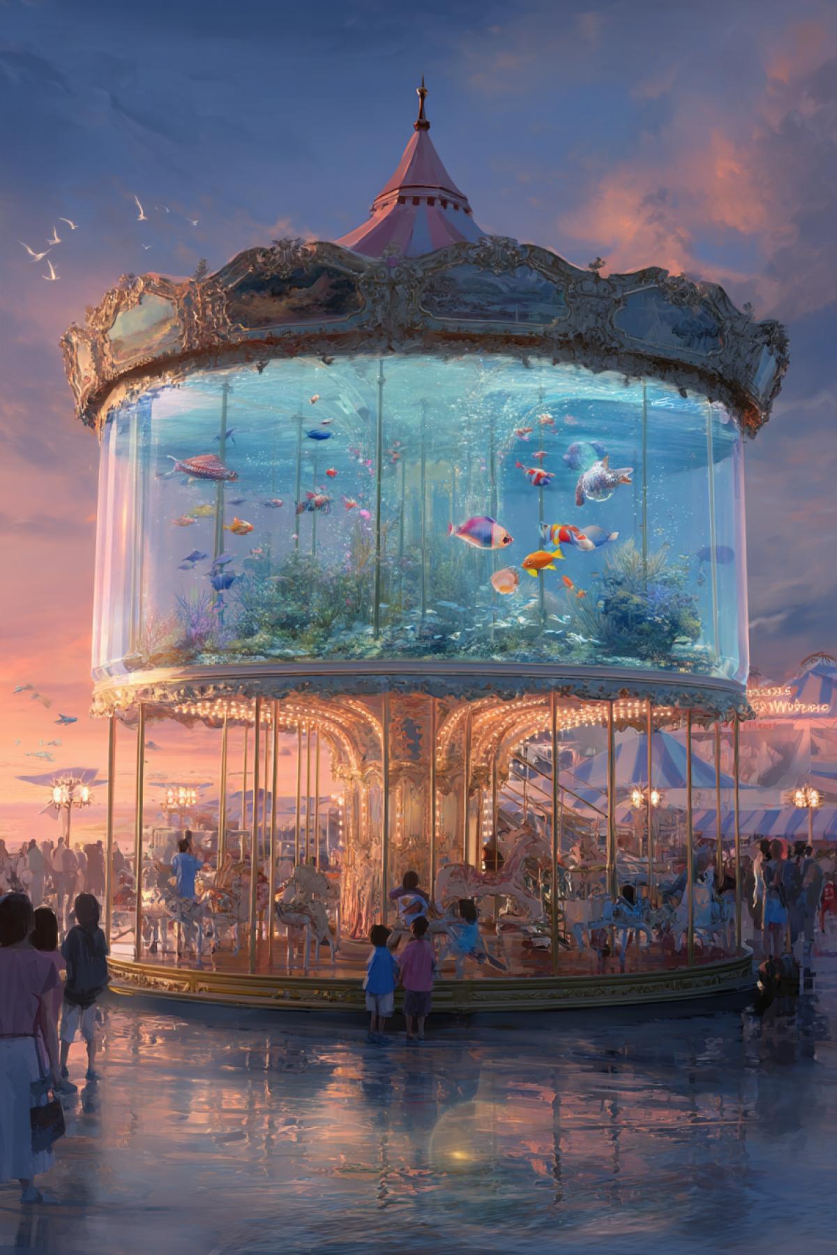 ornate Victorian-style carousel with transparent animal seats filled with water and tropical fish, children watching in wonder, sunset fairground setting, dreamlike fusion of nostalgia and marine fantasy