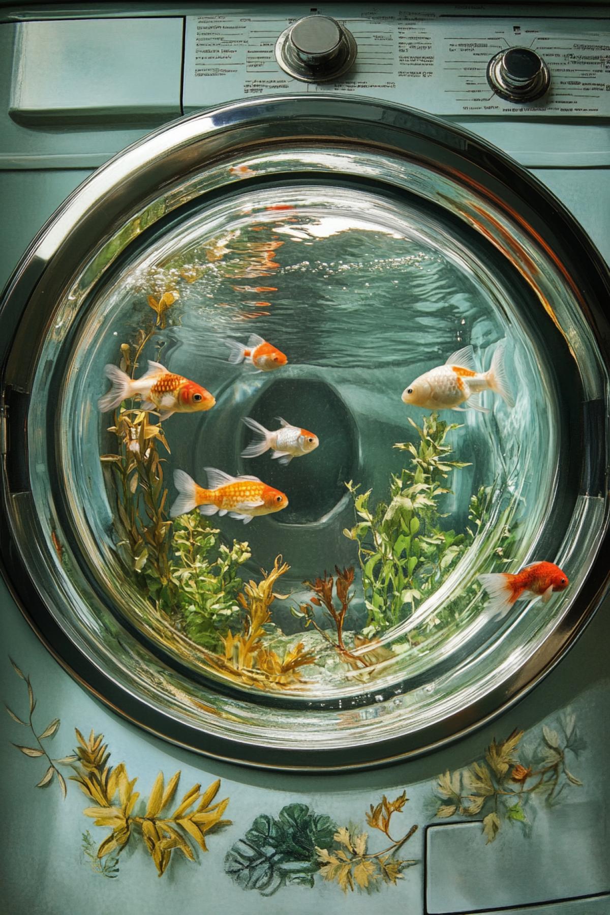 The washing machine is transparent filled with water with fish, plants.