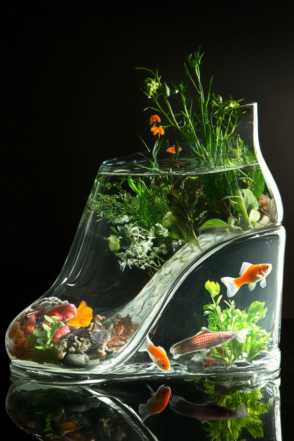 Womens shoe transparent filled with water with fish, plants.