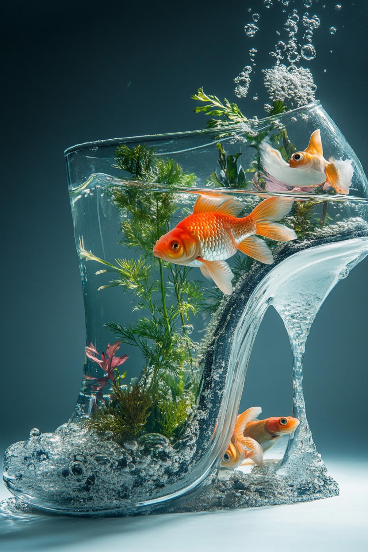 Womens shoe transparent filled with water with fish, plants.