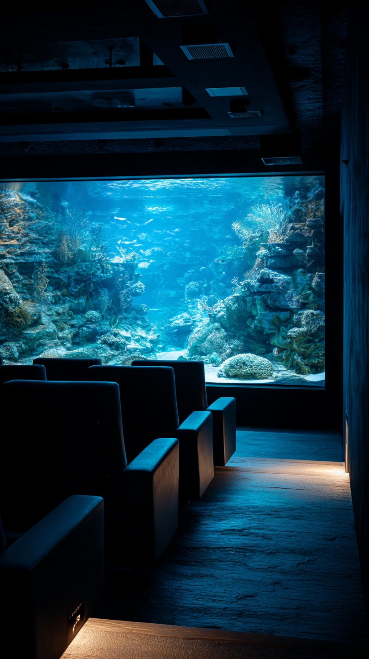 Aquarium in the shape of the screen in the cinema
