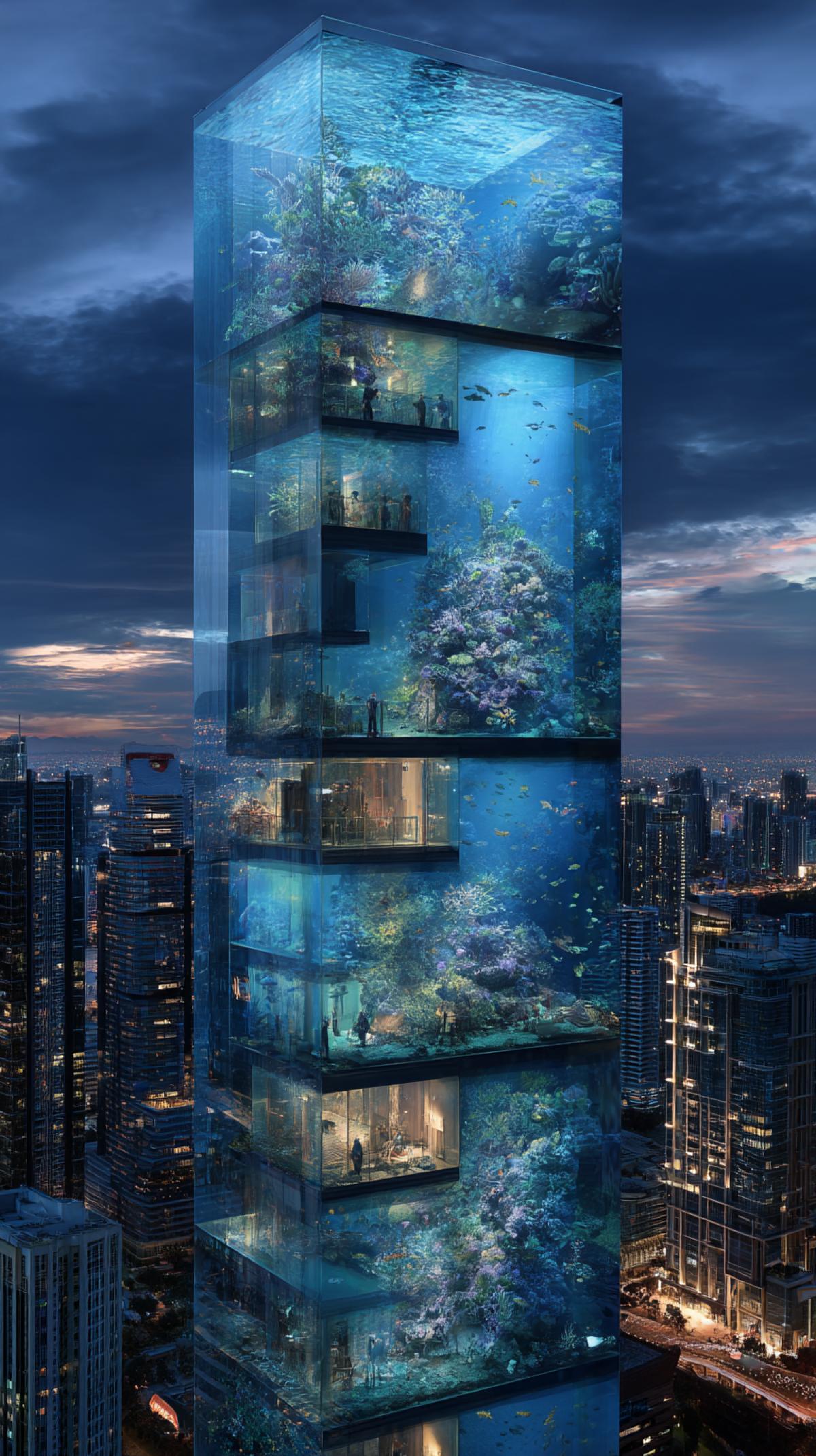 Aquarium in the form of a highrise building, the city consists of highrise buildings in the form of aquarium, photoshop, high detail, blue hour