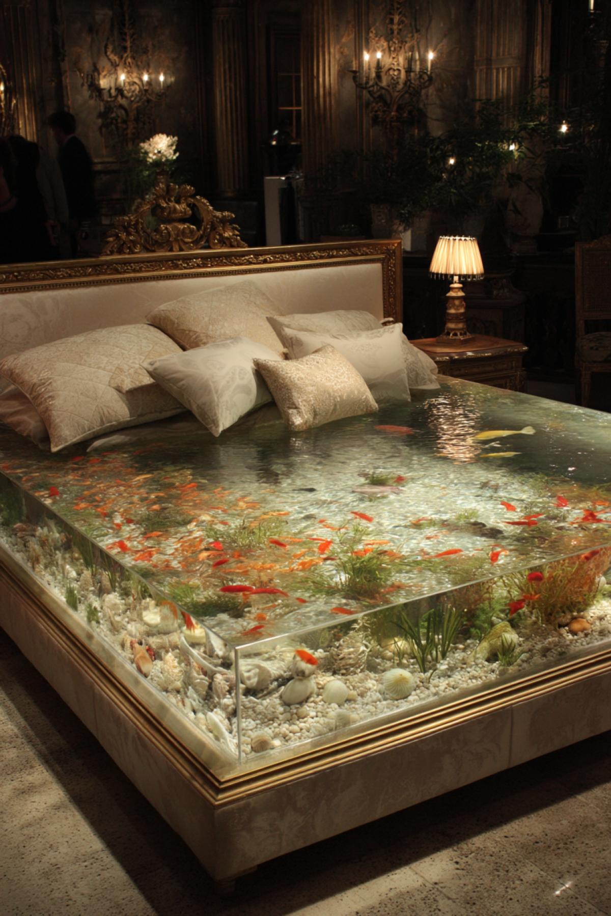Luxurious bed. A stylish transparent water mattress with floating fish, seashells, and algae. A still from the movie Austin Powers