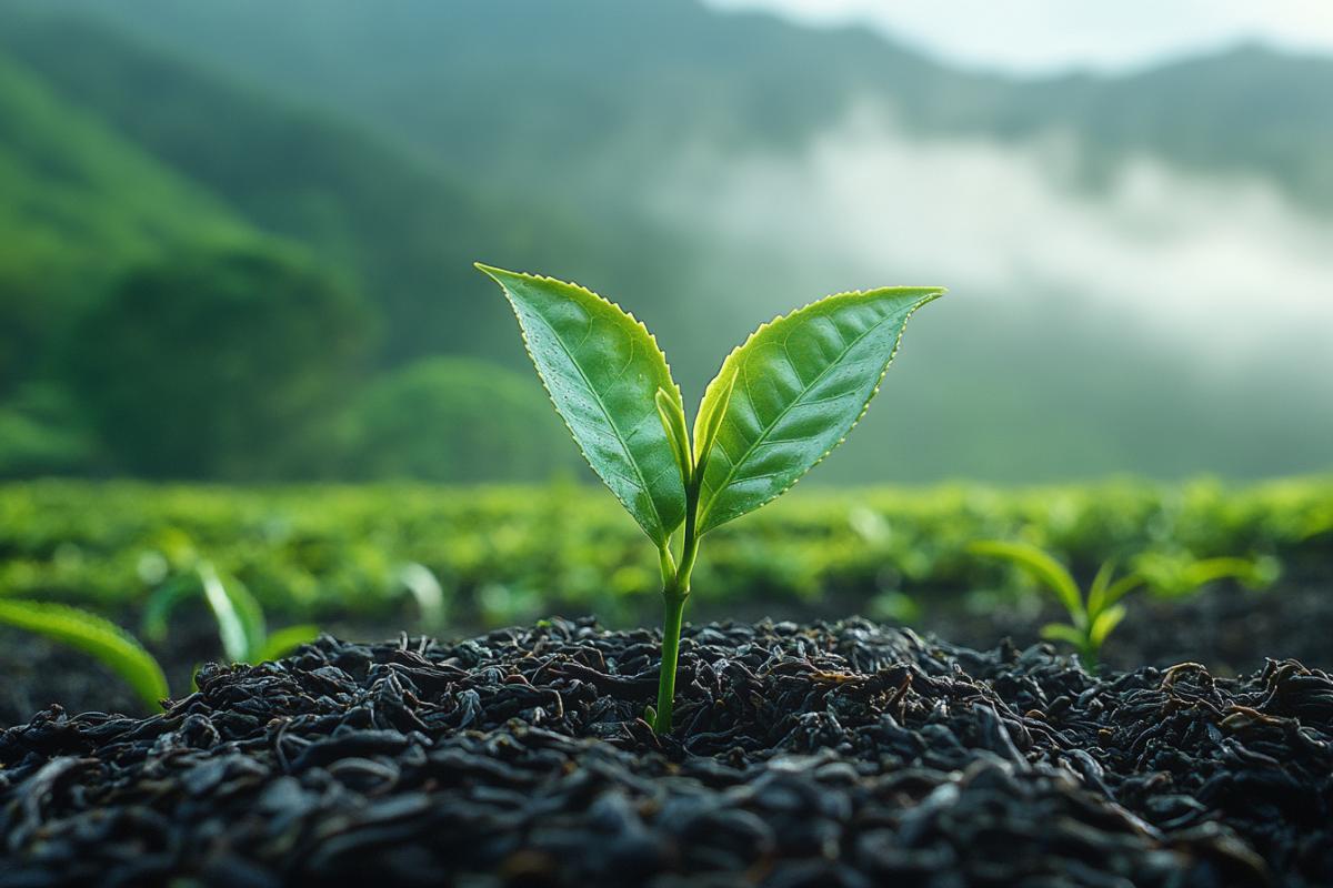 A young tea leaf on a bush, dreaming of being picked, POV high-angle shot over endless emerald tea terraces, 1970s vintage photo style, digital color brown, muted green, film grain, light leaks, chromatic aberration, vignette
