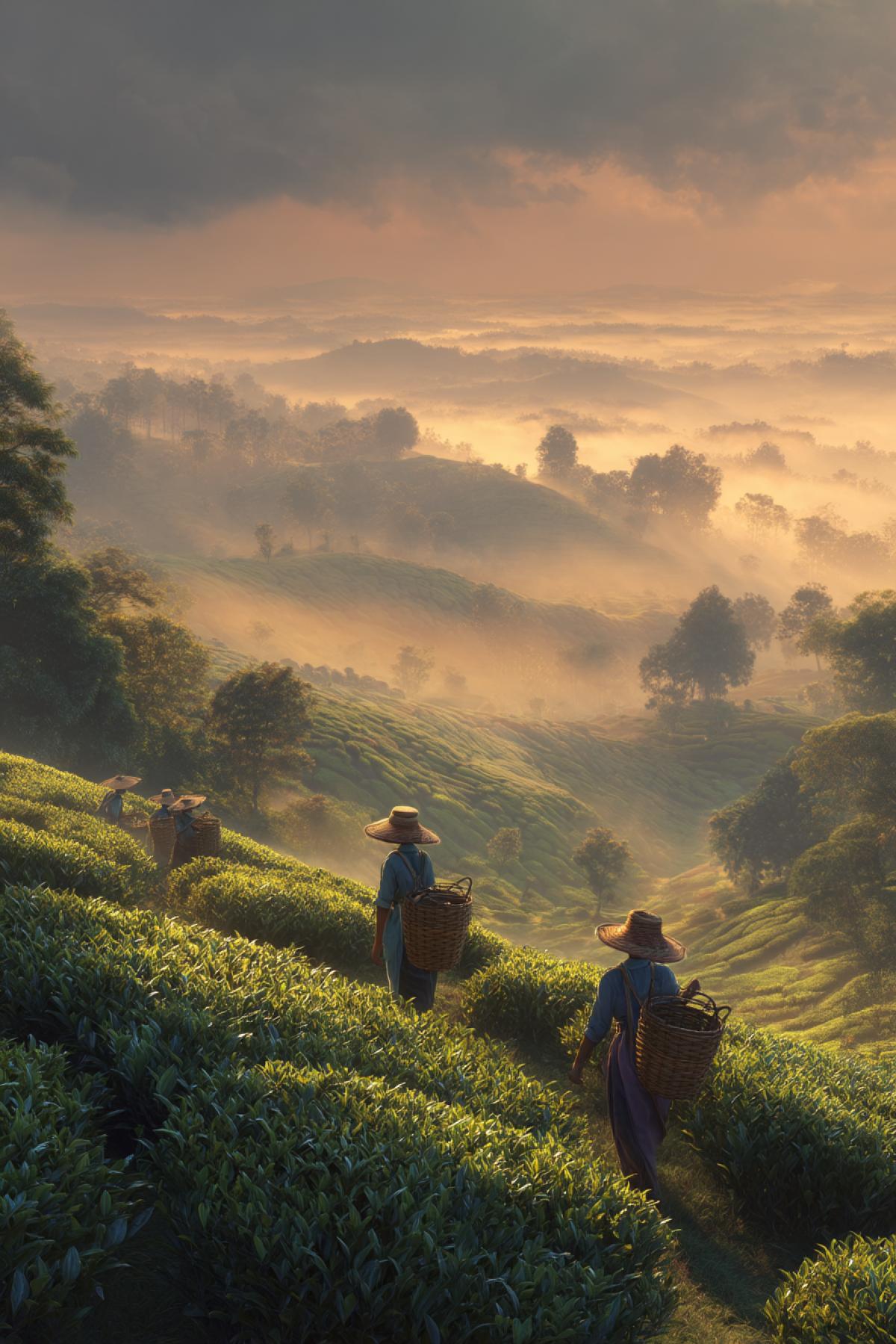 misty sunrise over lush green tea fields, workers in wide straw hats picking leaves, rolling hills glowing in golden light, peaceful rural atmosphere, detailed traditional baskets and sari fabrics photorealistic, cinematic framing