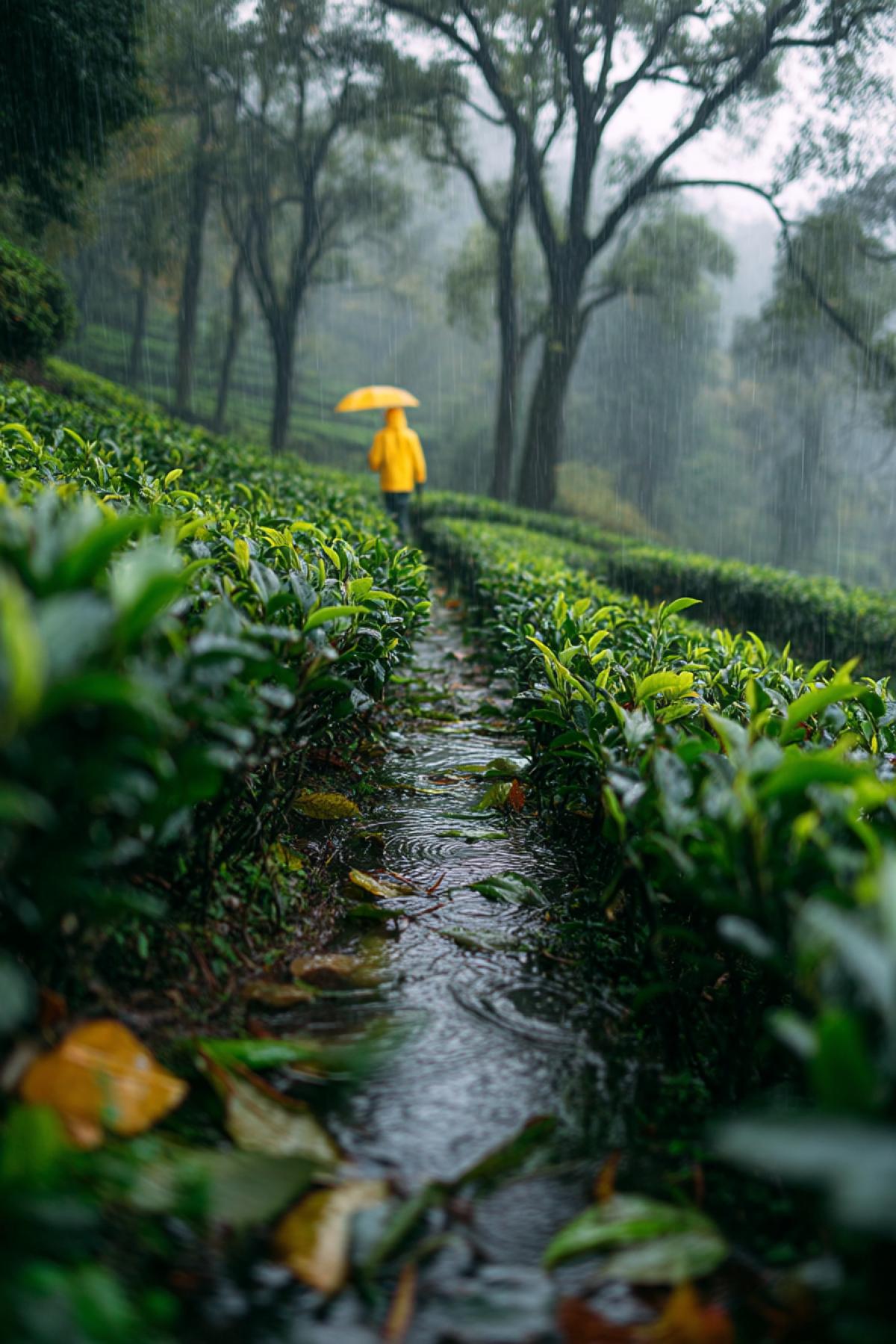 gentle rain falling on terraced tea gardens, glistening wet leaves, atmospheric overcast sky, one lone picker in a yellow raincoat and boots walking along the rows, serene and moody scene soft focus, natural palette