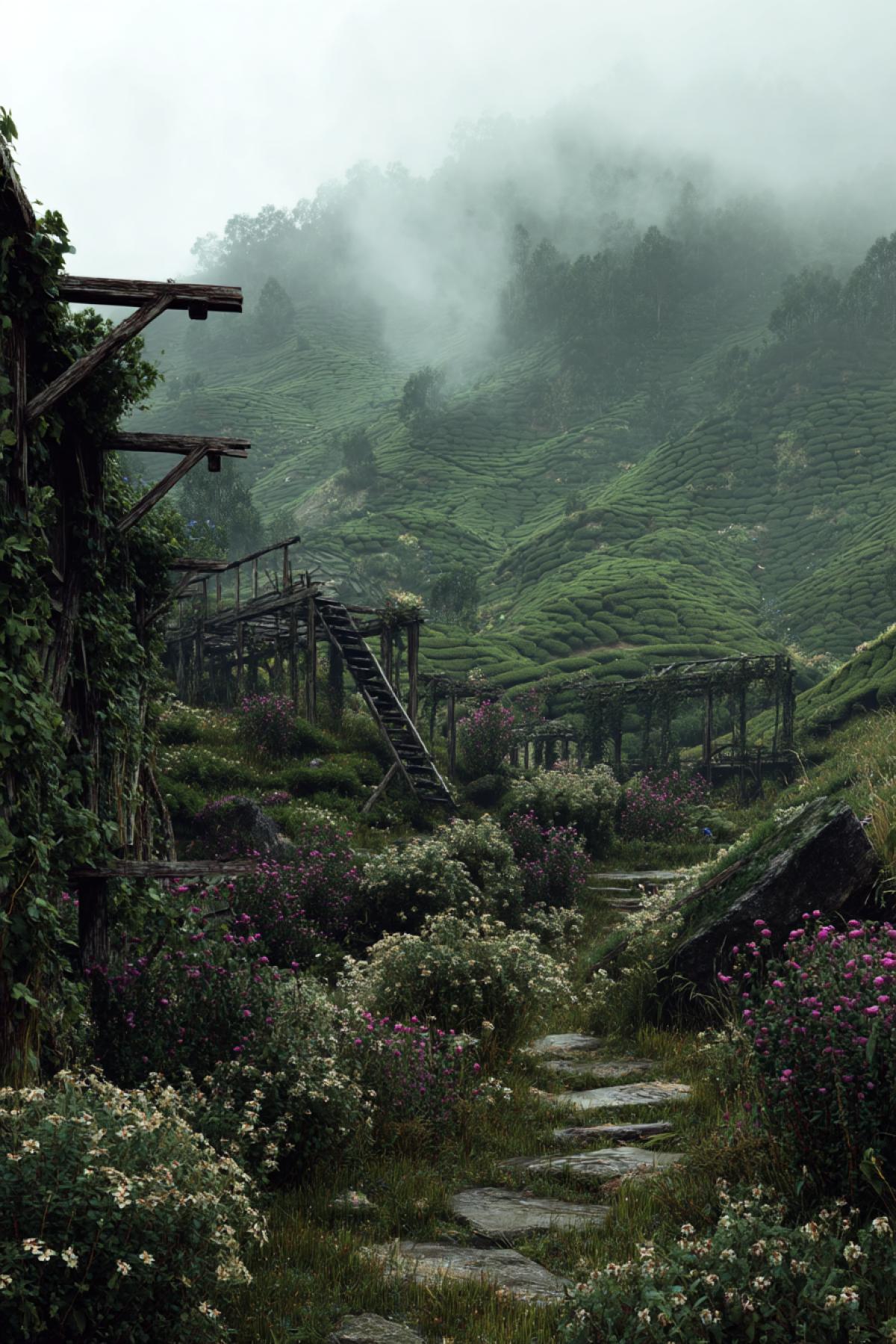 overgrown tea fields with wildflowers and vines creeping over forgotten stone paths, empty wooden structures covered in moss, fog hanging low over the hills, mystical and melancholic tone fantasy realism style