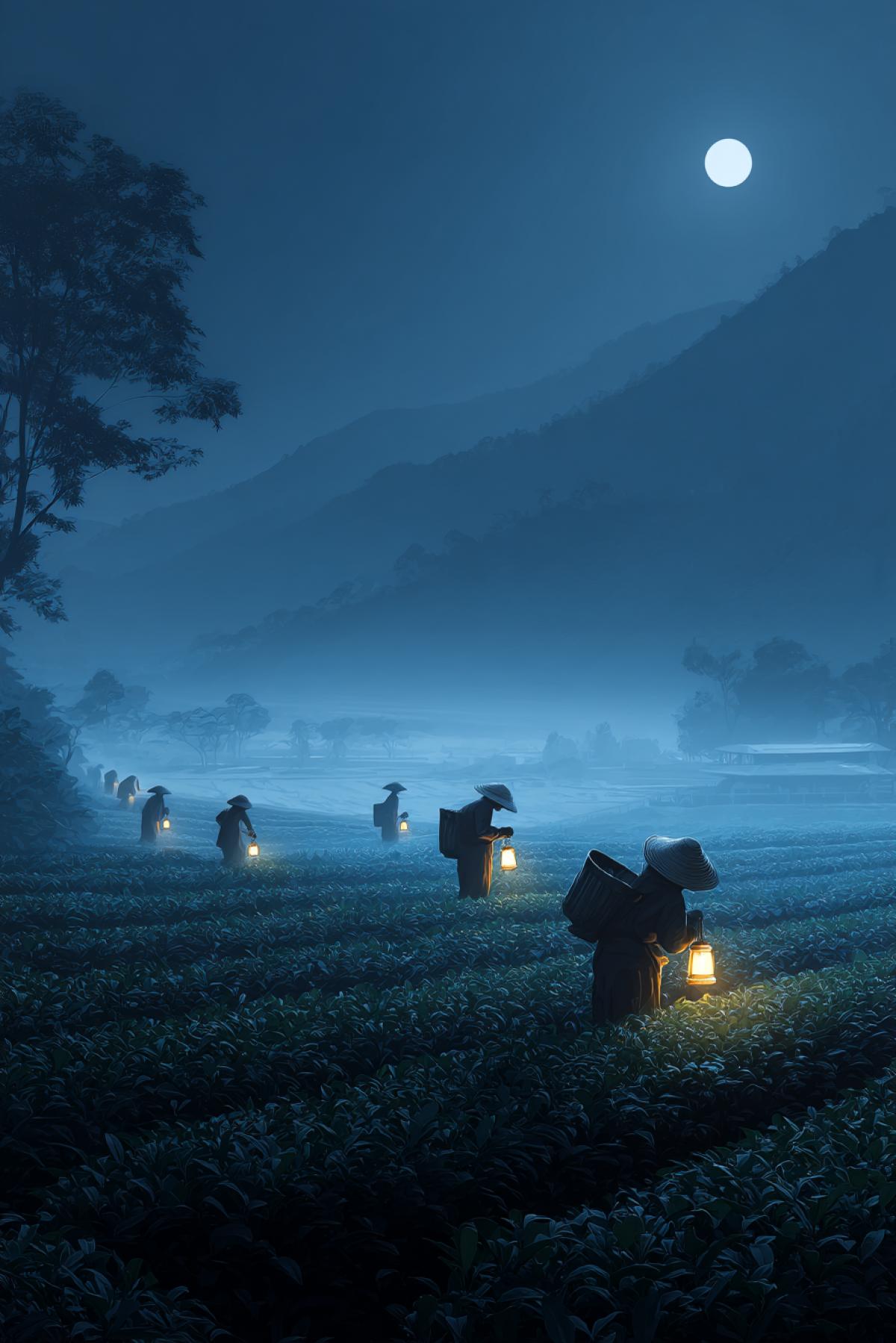 tea workers harvesting under full moonlight, each with a soft lantern, long shadows falling across tidy rows, glowing mist between the hills, quiet yet magical atmosphere hyperdetailed, low-key lighting
