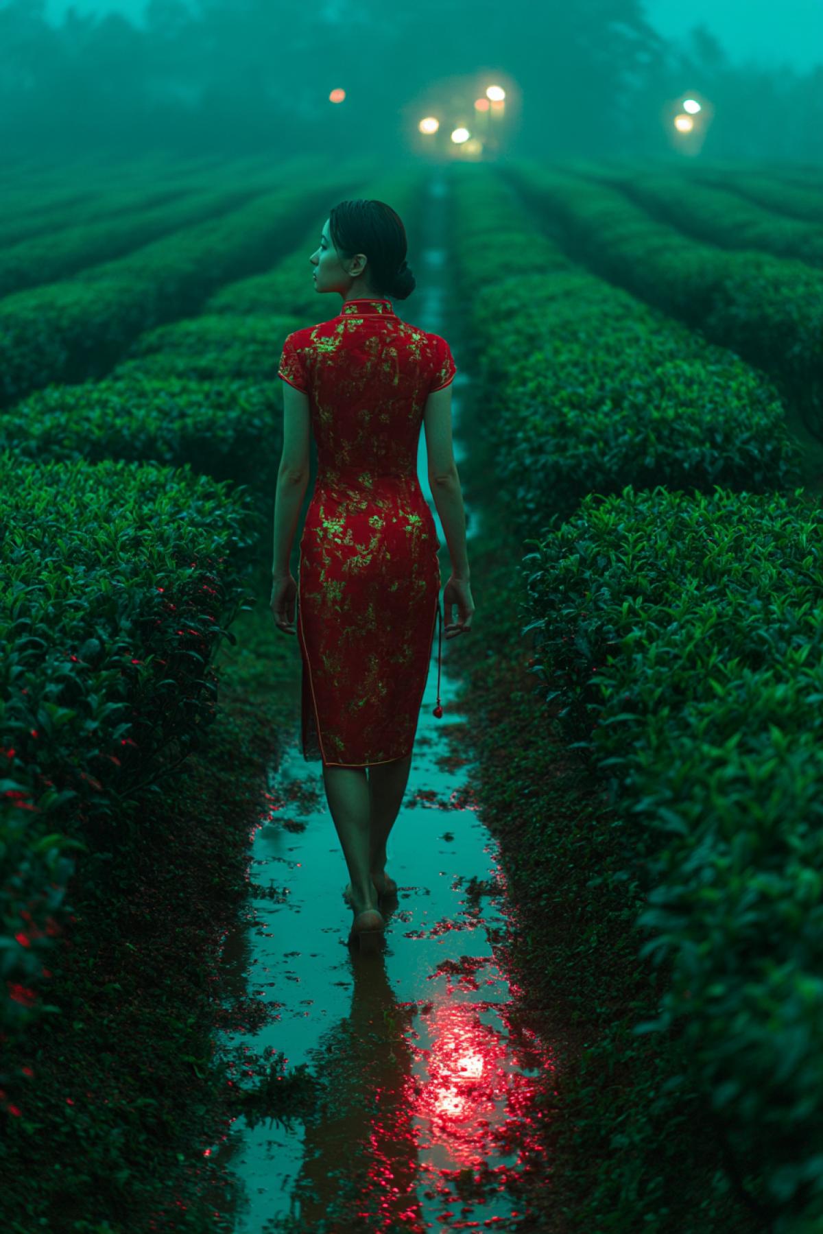 moody tea plantation at twilight, one woman in a red cheongsam walking slowly between the rows of tea bushes, neon reflections in puddles, cinematic lighting, inspired by Wong Kar Wai, soft blur, emotional depth, nostalgic color grading