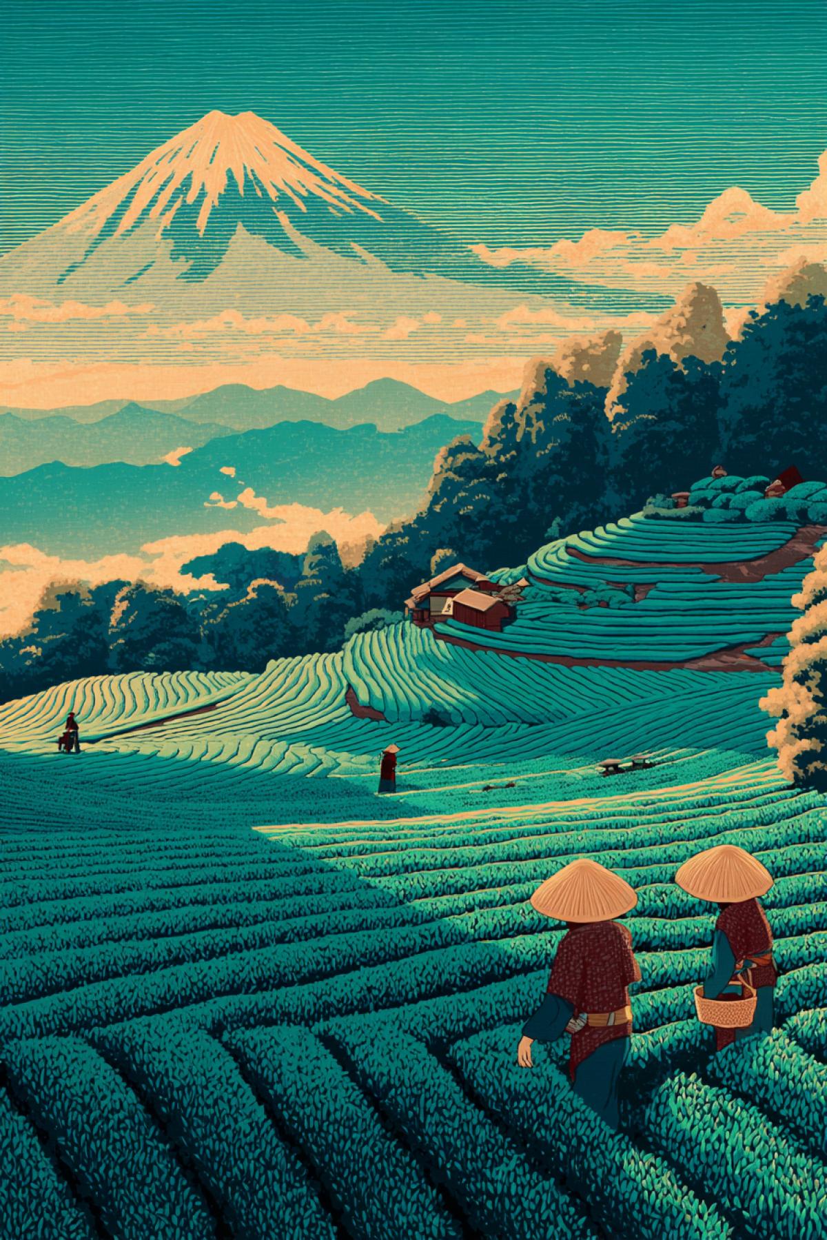 traditional Japanese tea plantation, stylized like Edo-period woodblock print, fine linework, flat perspective, workers with wide hats, Mt. Fuji in background, vivid indigo and umber tones ukiyo-e art style, peaceful and poetic