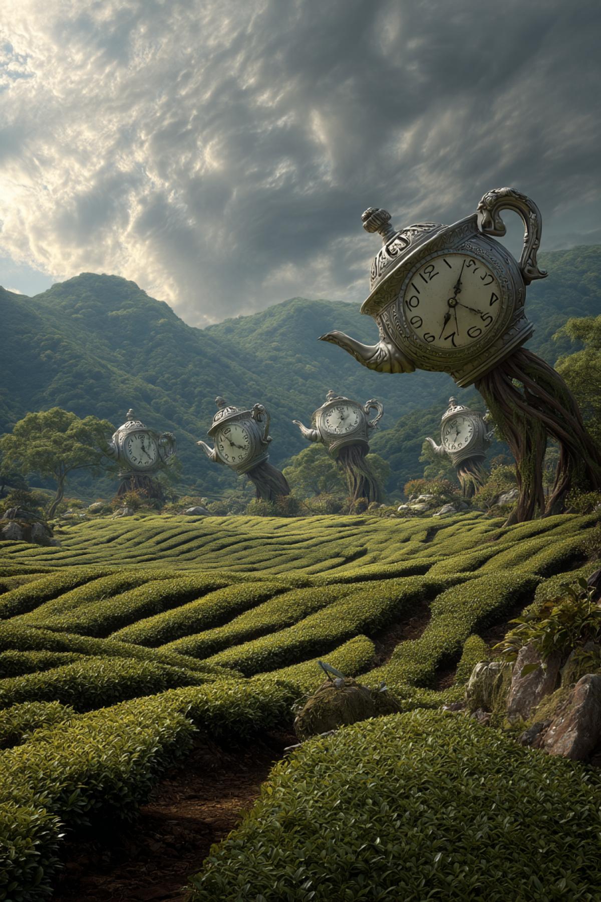 surreal tea plantation where rows of tea turn into waves, big pocket watches caught in branches, twisted teapots melting on rocks, sky swirling like a dream inspired by Salvador Dalí, bizarre yet beautiful, hyperrealistic textures