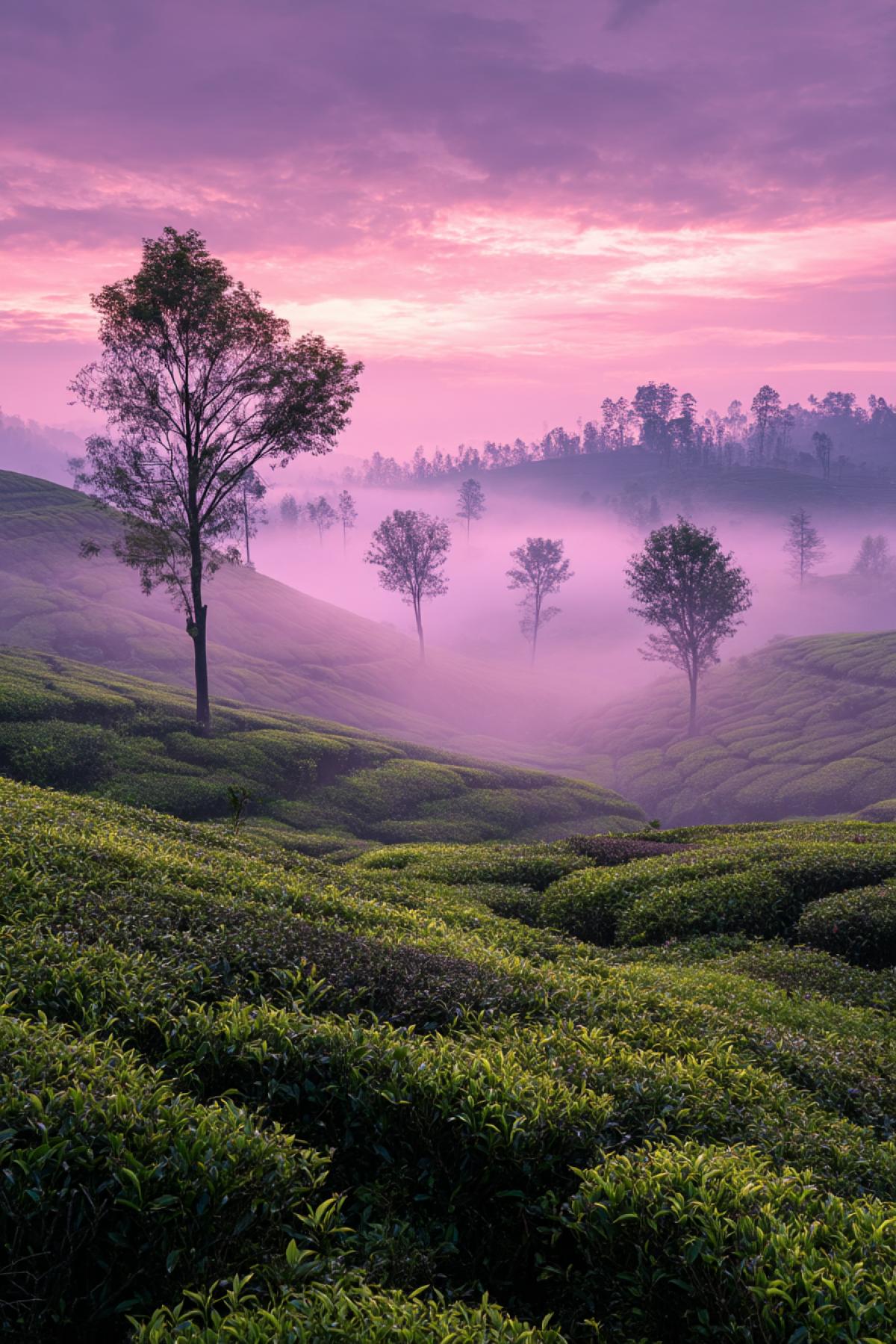 tea plantation at violet hour, delicate mist rolling between tea bushes, sky in shades of mauve, lavender and soft pink, golden dust in the air, magical lighting, dreamlike atmosphere, long shadows, cinematic com4k, ultra detailed landscape, enchanted calm