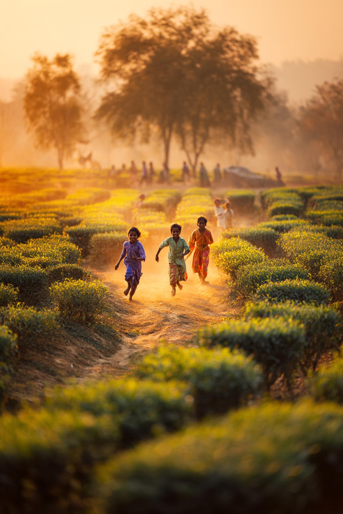 children playing between tea rows at sunset, laughter frozen in golden light, colorful local clothes fluttering, dust rising behind running feet, carefree and nostalgic photojournalistic vibe, joy and culture, vibrant com4k