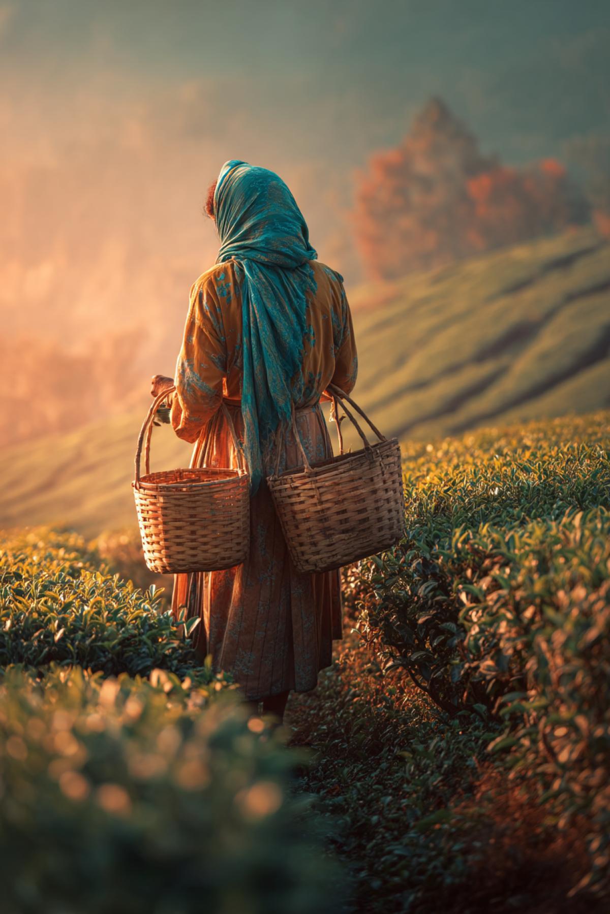 lush tea fields glowing in golden light, vivid traditional clothing, expressive faces of workers, detailed woven baskets, dusty paths between deep green rows, cinematic atmosphere, warm sunset colors, rich textures, storytelling scene