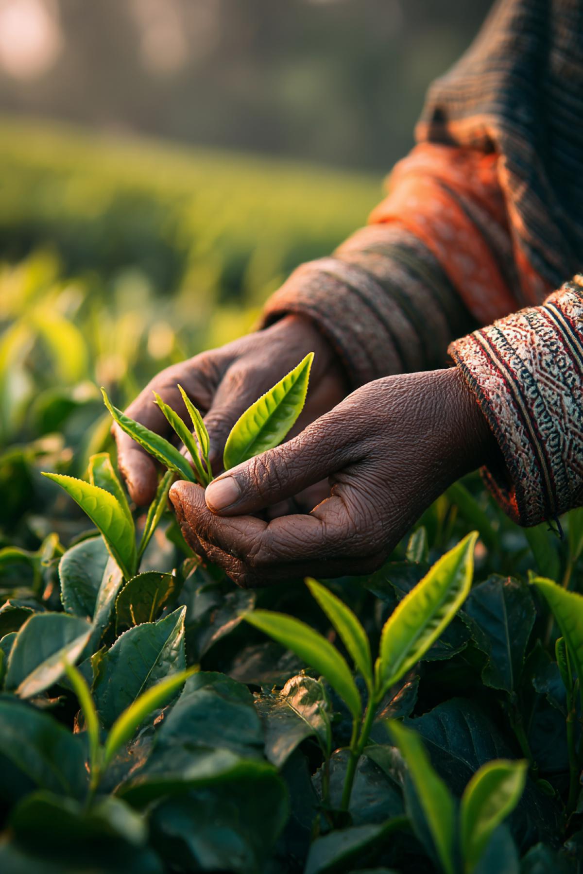 close-up of gentle hands picking tea leaves, clean traditional sleeves with intricate patterns, lush green tea bushes, soft golden light, calm and serene mood, high detail, natural textures, peaceful tea plantation setting