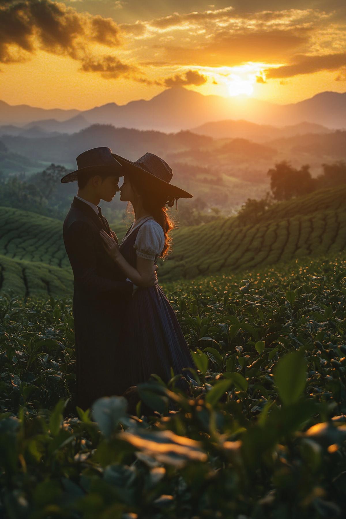 Tea plantation is somewhere in China, at the evening sunset. The girl kisses a man against the background of sunset. The emphasis on the plantation. Style Realism