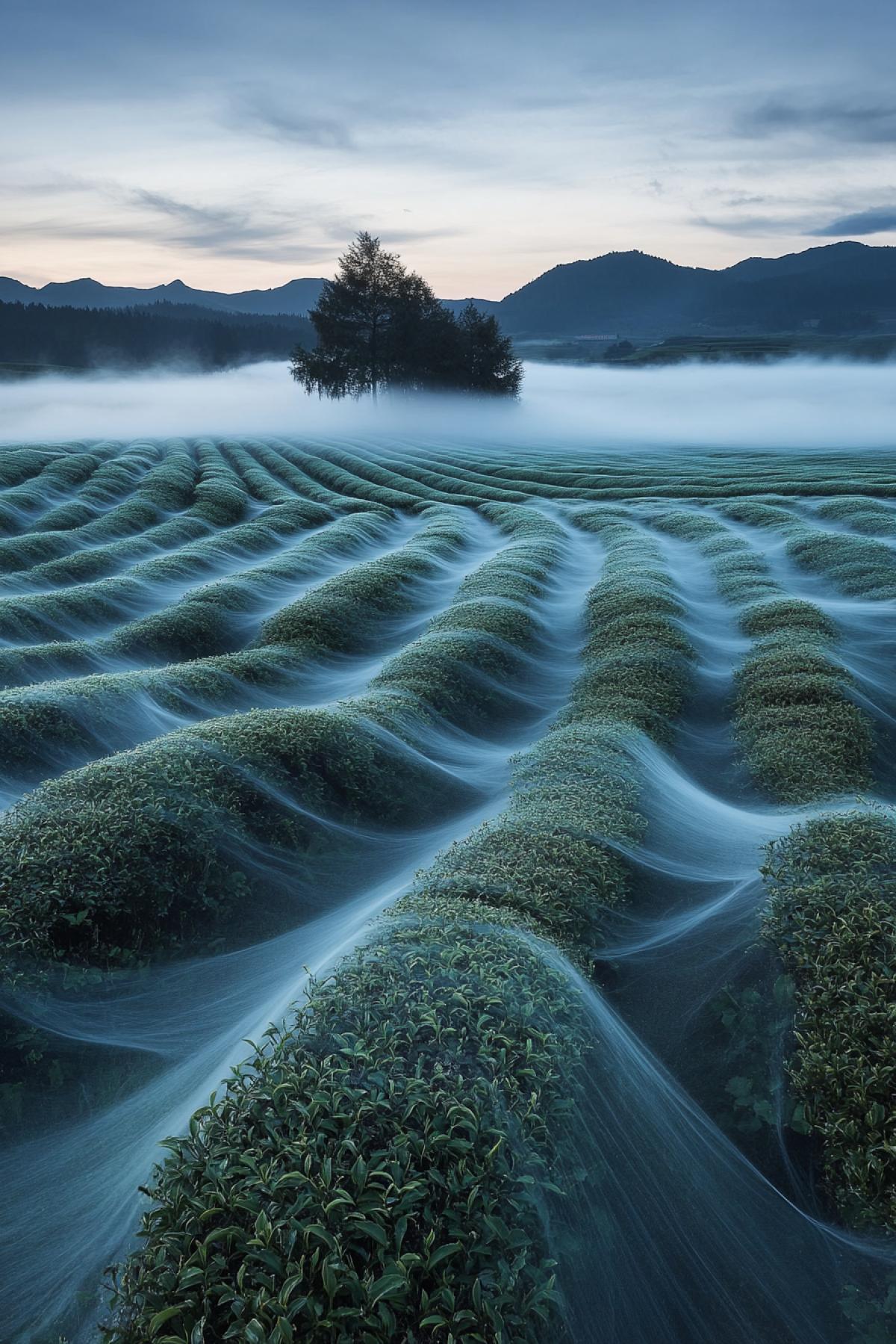 The plantation of the tea field, at dawn, is not a big fog lay on the ground