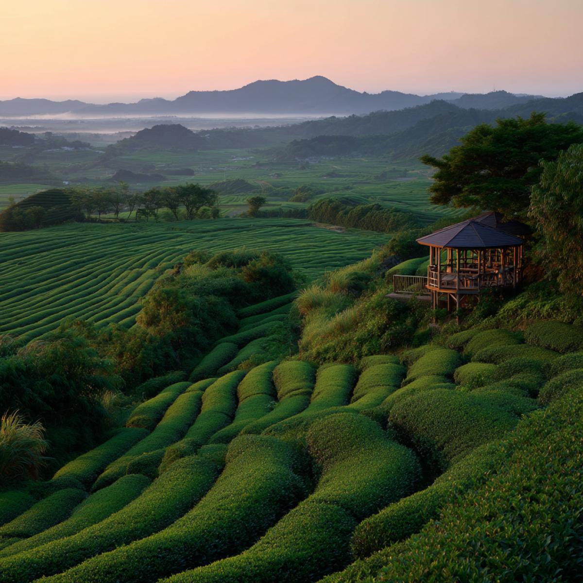 The view from the gazebo on the endless rows of emerald green tea bushes, leaving into the distance along the soft hills. Create a morning atmosphere with a light fog, gently lit by the first rays of the sun, or a dramatic sunset over terraces.