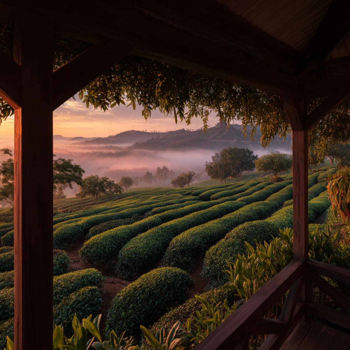 The view from the gazebo on the endless rows of emerald green tea bushes, leaving into the distance along the soft hills. Create a morning atmosphere with a light fog, gently lit by the first rays of the sun, or a dramatic sunset over terraces.