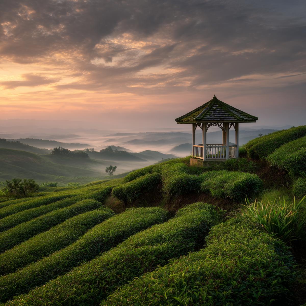 The view from the gazebo on the endless rows of emerald green tea bushes, leaving into the distance along the soft hills. Create a morning atmosphere with a light fog, gently lit by the first rays of the sun, or a dramatic sunset over terraces.