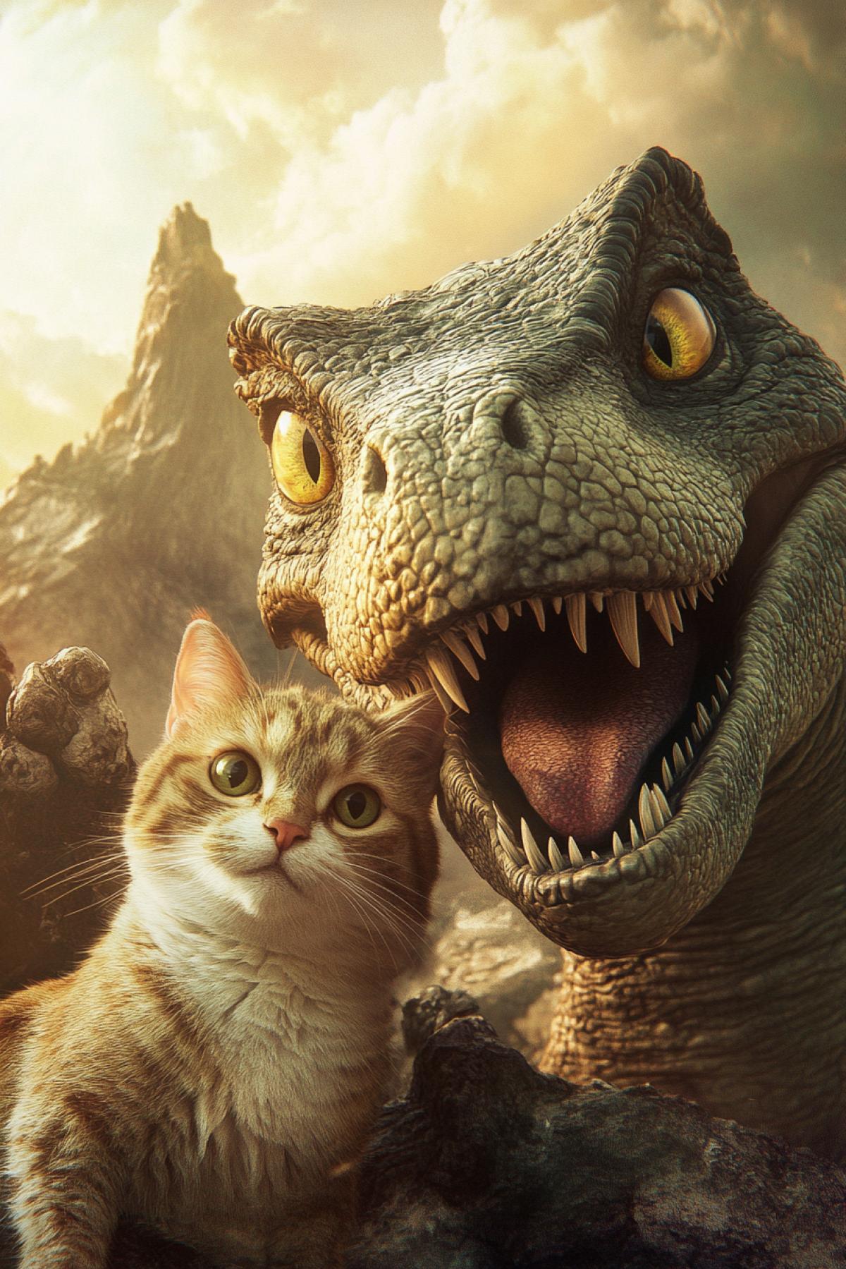 Selfie dinosaurus with a cat