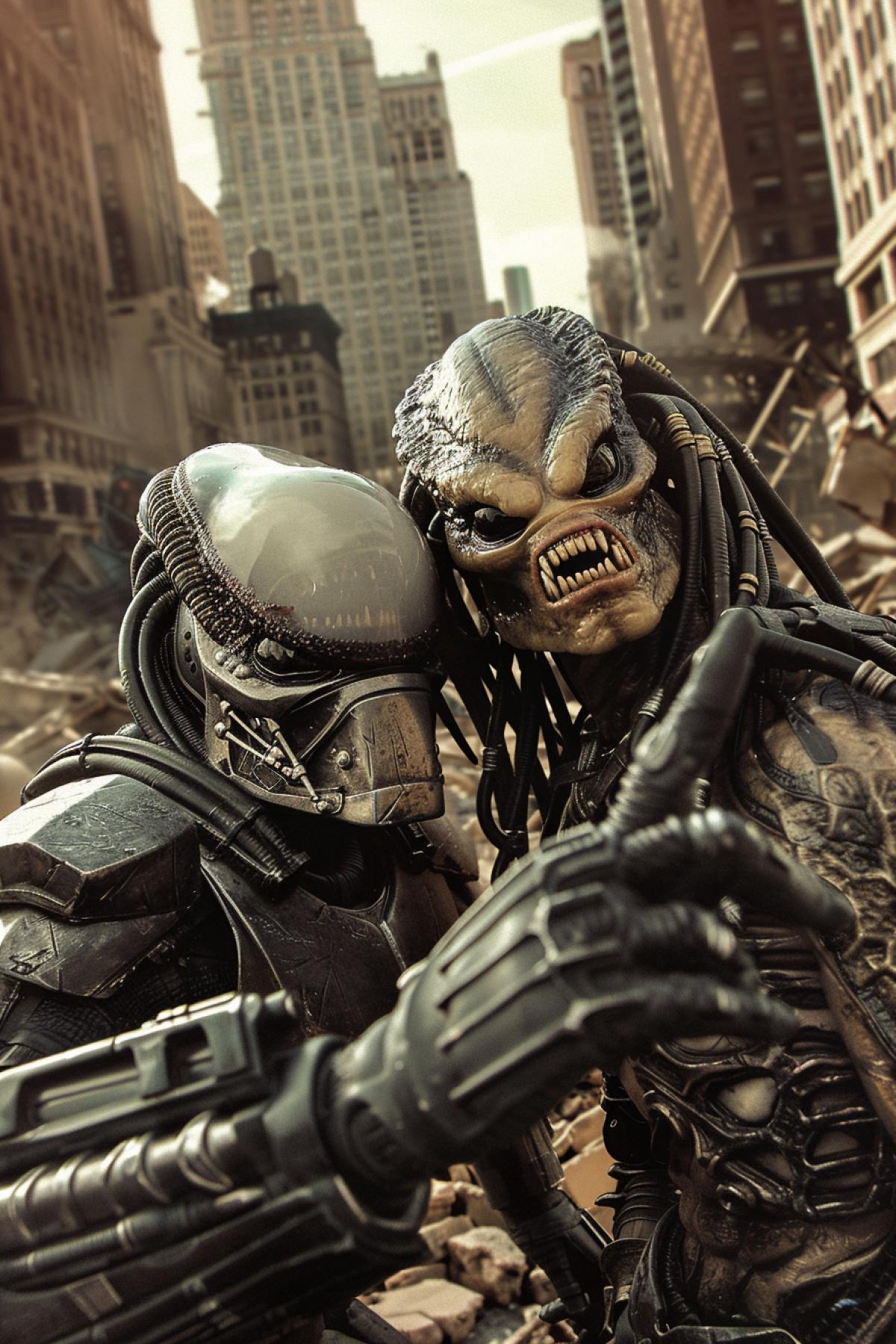 Xenomorph and Predator selfie on the background of destroyed Manhattan high contrast bright colours