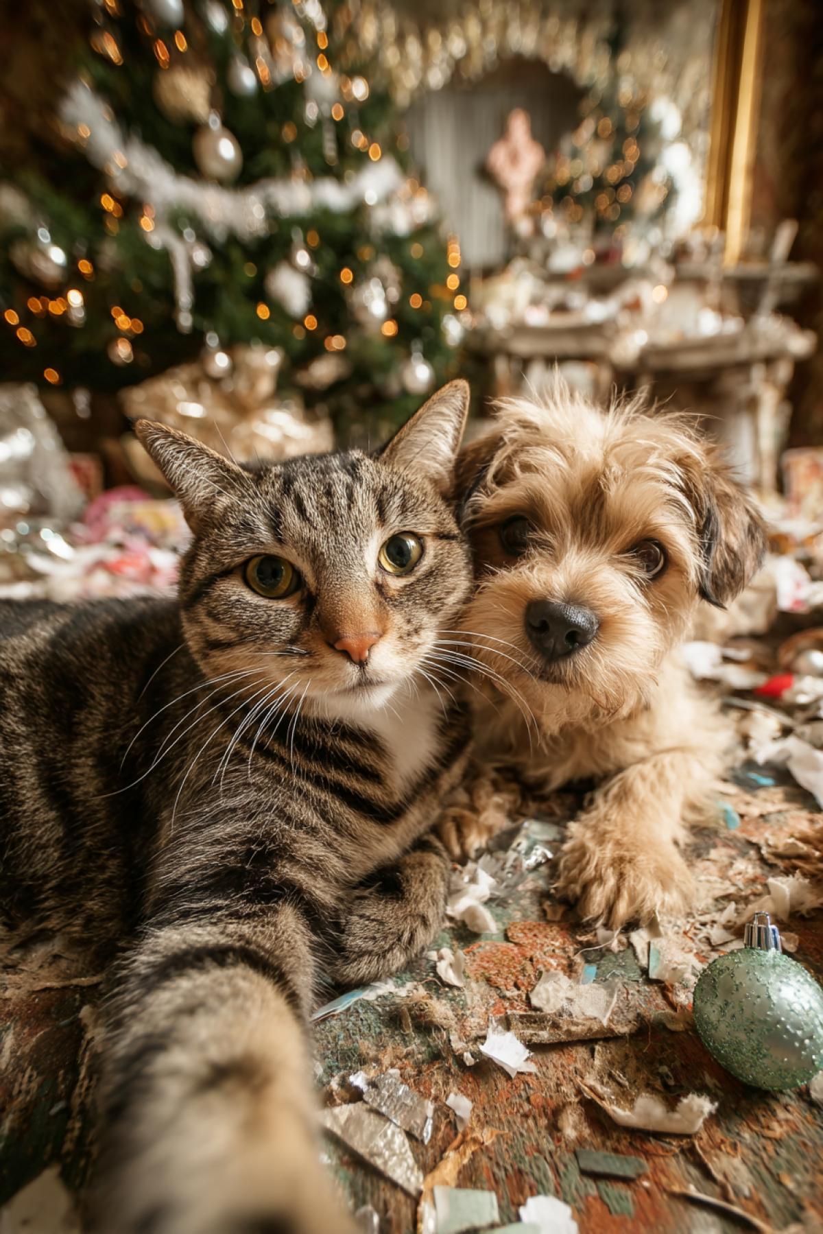 Fat sophisticated Tomcat with small terrier puppy hugging selfie on the background of mess broken new year tree and decoration all around ironic selfie photo