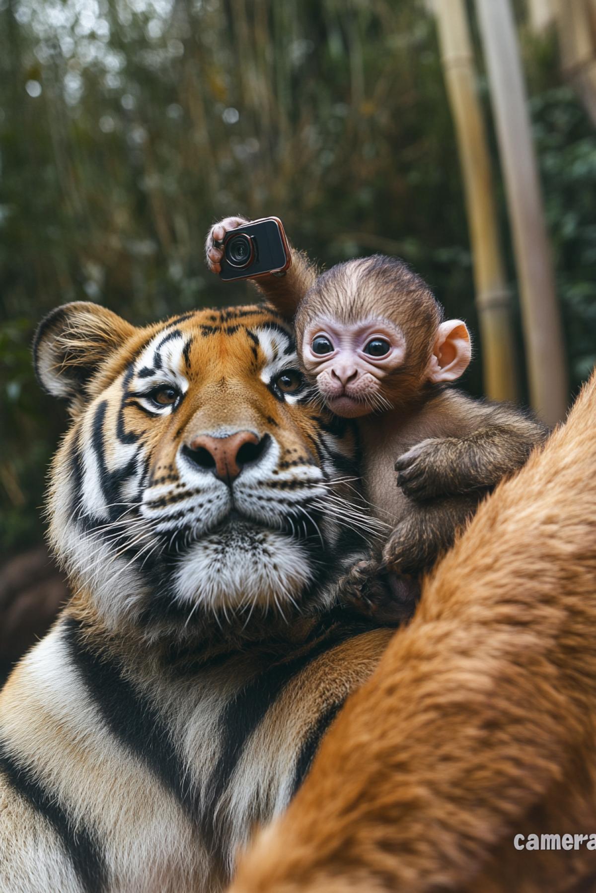 Two representatives of the world of the fauna decided to make a joint selfie: a tiger and a monkey, panda and giraffe, a lion and flamingos, or any other duets. To generate an image in which two animals 4k nearby, smiling (or building grimaces), look directly into the \"camera\" and as if they hold a smartphone/camera in one paw.
