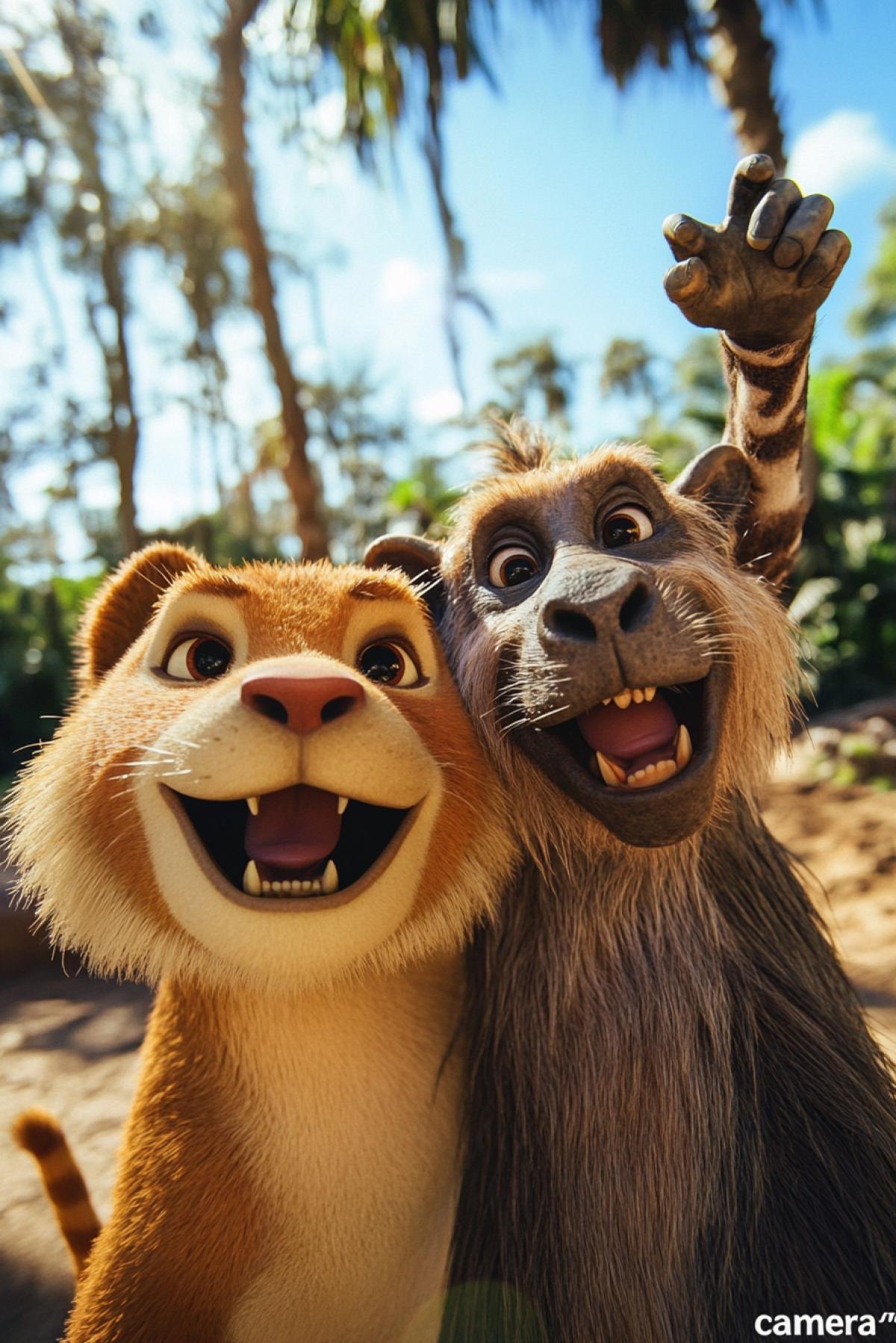 Two representatives of the world of the fauna decided to make a joint selfie: a tiger and a monkey, panda and giraffe, a lion and flamingos, or any other duets. Your task is to generate an image in which Timon and Pumba 4k nearby, smiling (or building grimaces), look directly into the \"camera\" and as if they hold a smartphone/camera in one paw.