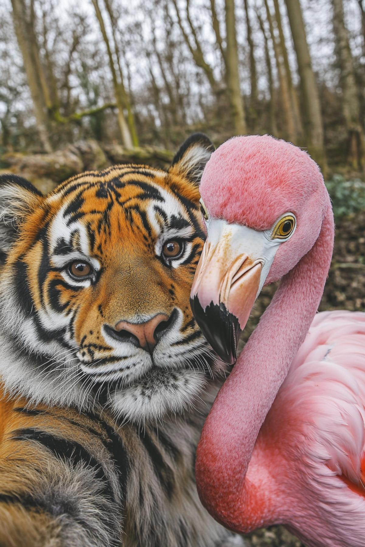 Two representatives of the world of the fauna decided to make a joint selfie: a tiger and a monkey, panda and giraffe, a lion and flamingos, or any other duets. To generate an image in which two animals 4k nearby, smiling (or building grimaces), look directly into the \"camera\" and as if they hold a smartphone/camera in one paw.