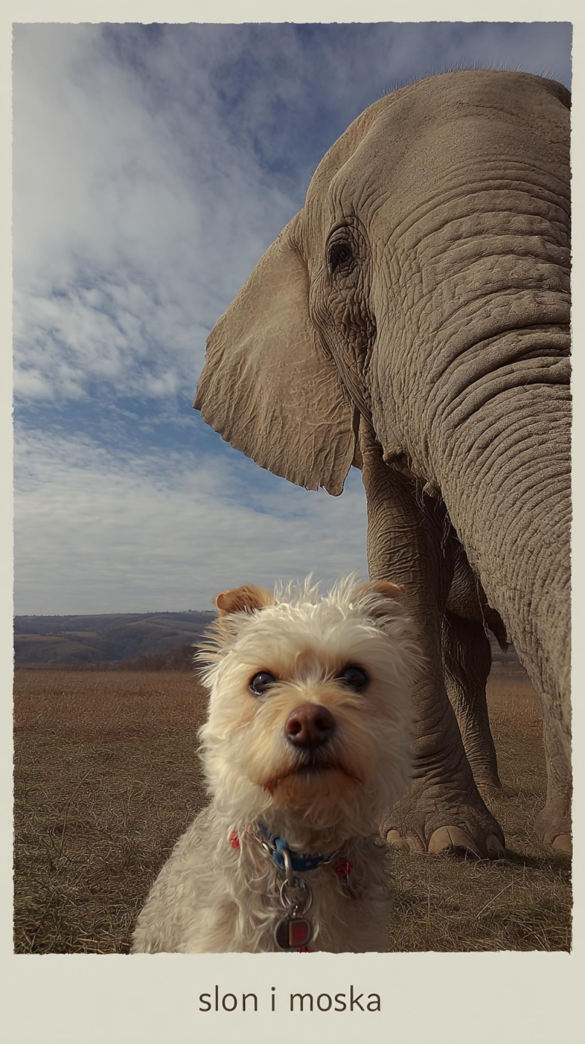 selfie of an elephant and a small dog, text from the bottom \" slon i moska \"