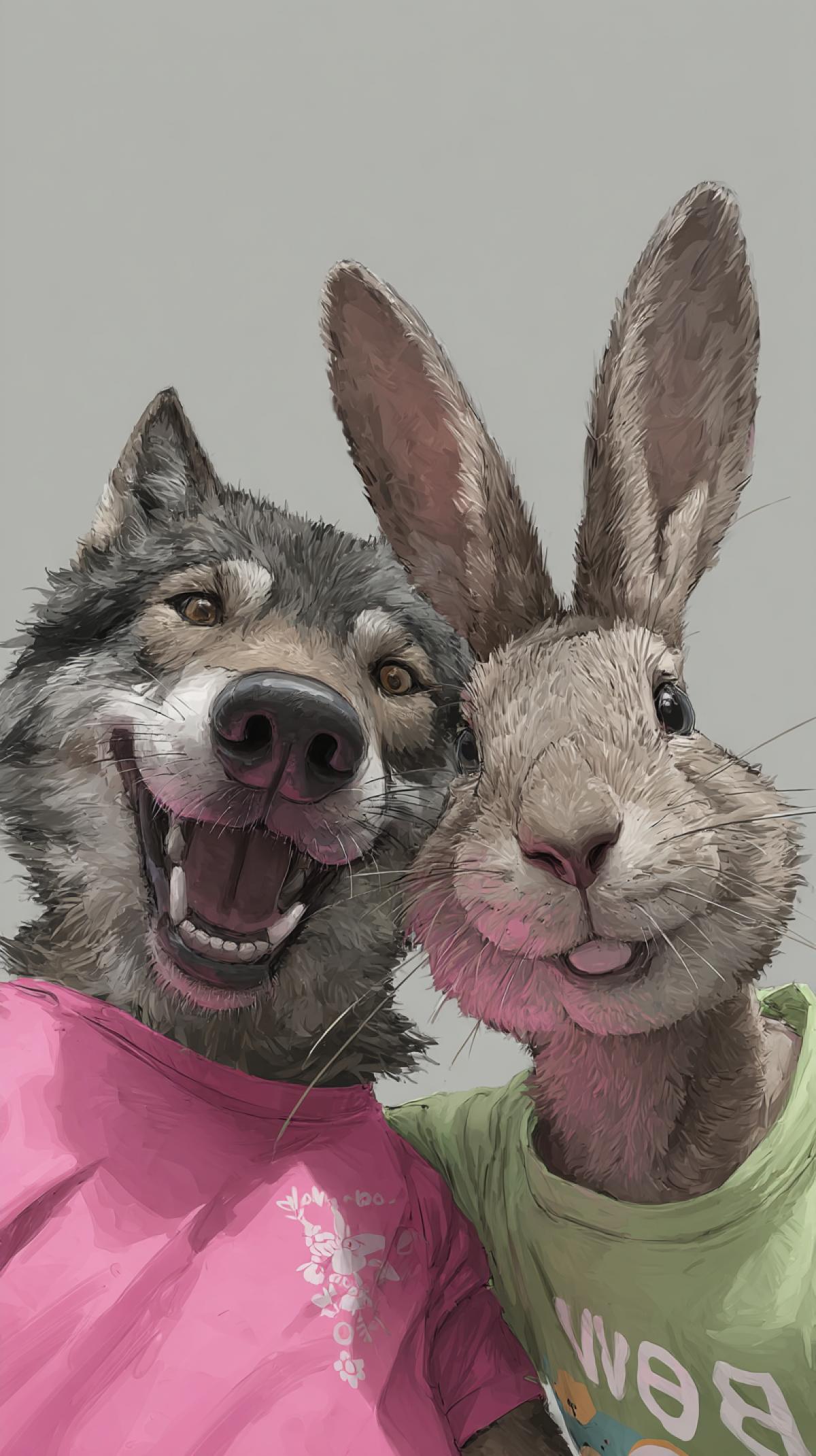 selfie of a wolf and a hare, the wolf is wearing a bright pink shirt, the hare is wearing a light green T-shirt, text from below \" ny, pogodi!