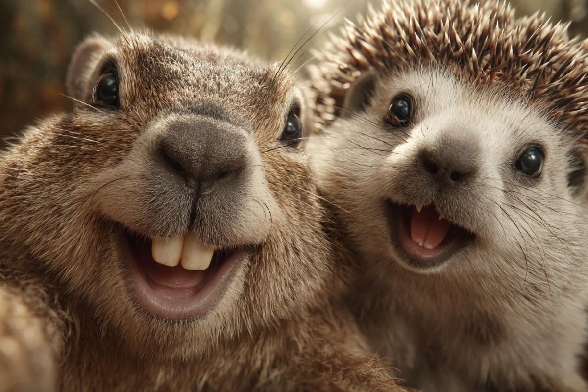 Selfie gopher and hedgehog in one frame.  Building grimas. Photorealistic