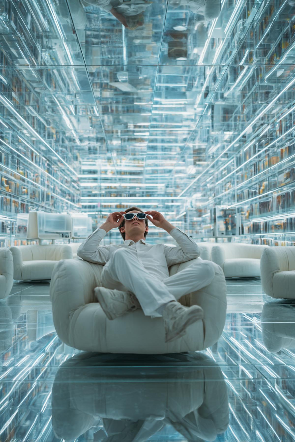Hand hanging man wrapping electronic glasses half-lying on comfortable armchair in futuristic interior a plenty of alike armchairs around interior of futuristic electronic library with glass shelves full of electronic digital cards