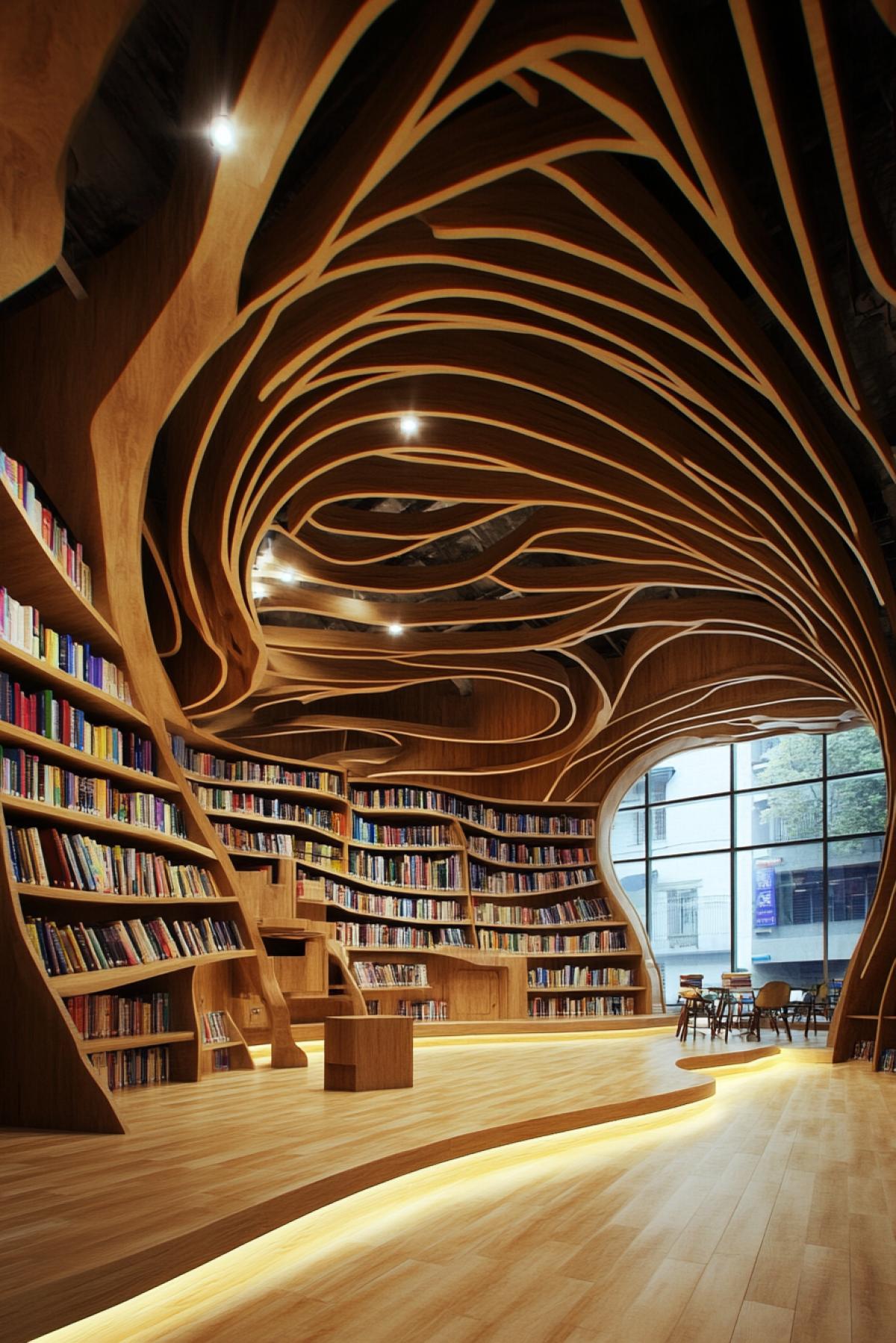 The image of a reading site or library in which the usual elements of the book interior (books, shelves, reading tables) turn into something unexpected. Modern informatized style.