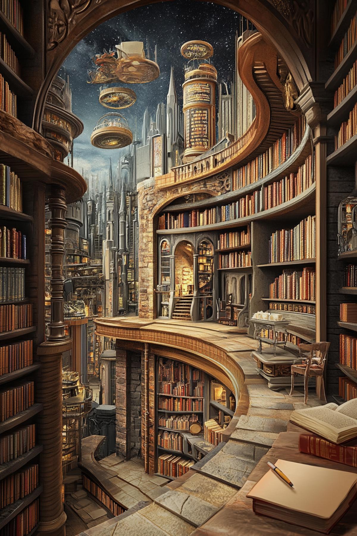 The image of a reading site or library in which the usual elements of the book interior (books, shelves, reading tables) turn into something unexpected. Modern informatized style.