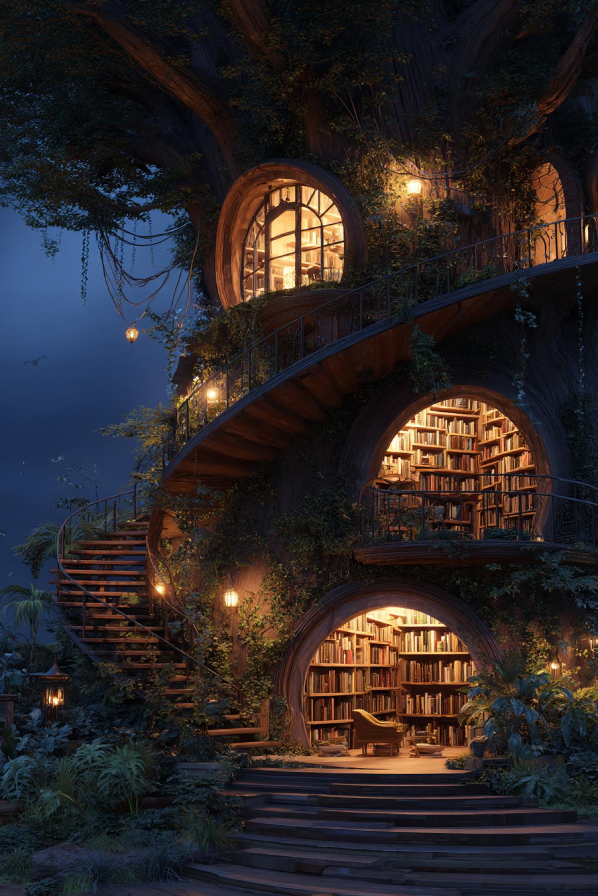 big hollow tree turned into a cozy library, spiral wooden staircase around the trunk, warm glowing windows, shelves filled with old books, ivy and lanterns, twilight sky, soft fantasy lighting, magical atmosphere, high detail