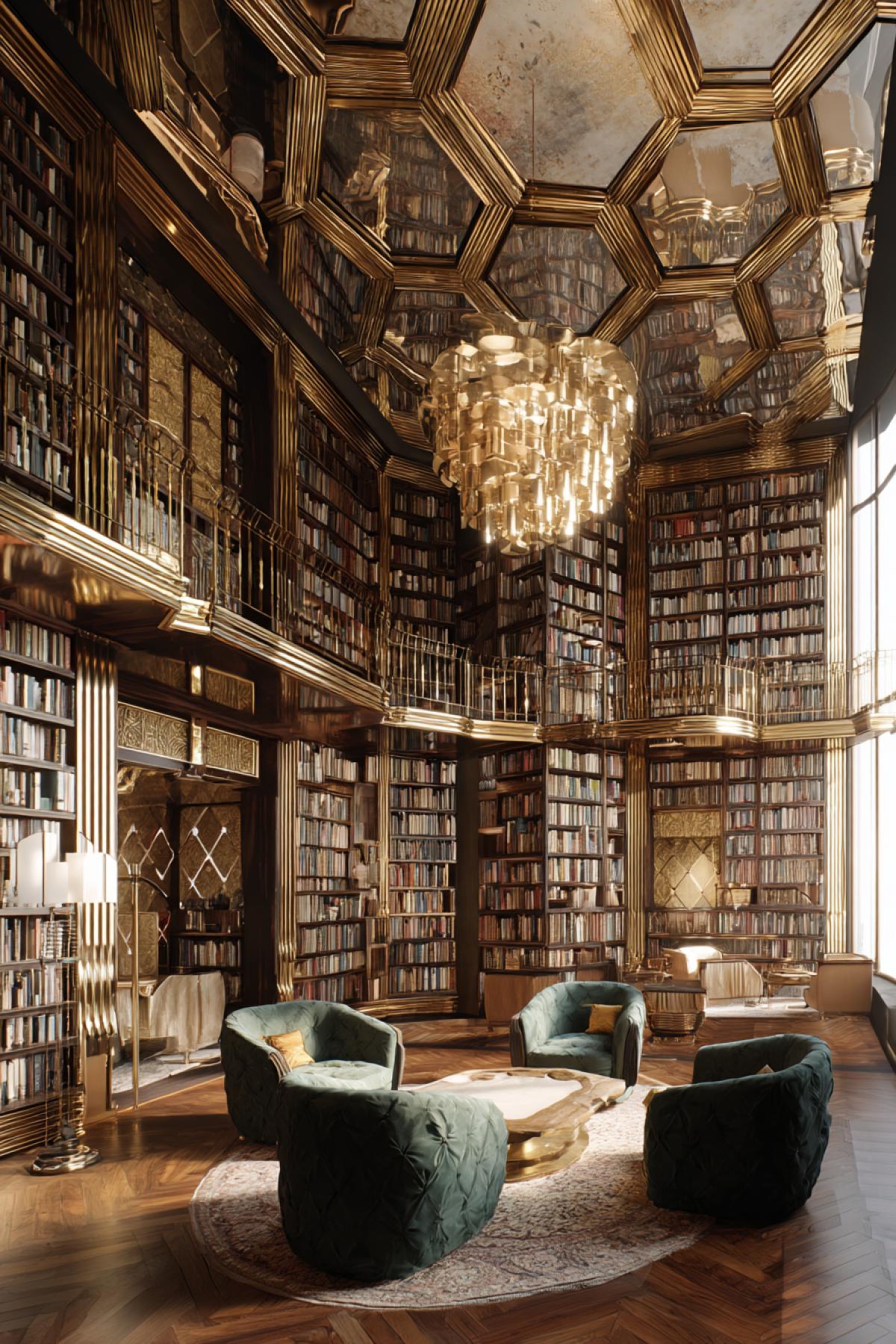opulent art deco palace transformed into a library, golden bookshelves, mirrored ceilings, velvet chairs, geometric patterns, soft golden light, luxury and elegance, grand chandelier, immersive visual richness
