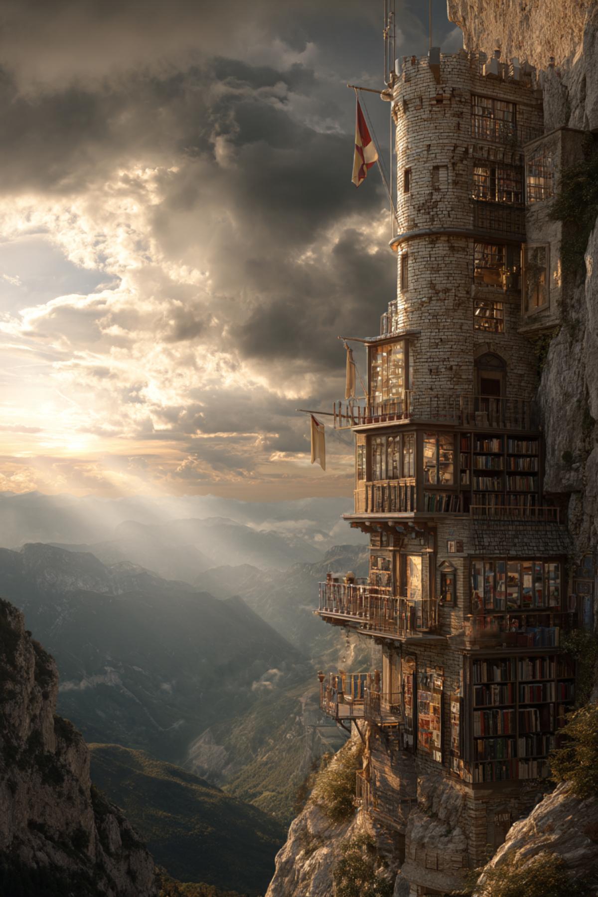 stone tower library perched on a mountain cliff, books spilling from open balconies, flags fluttering, dramatic clouds and sunlight breaking through, panoramic view, romantic and powerful, cinematic fantasy mood