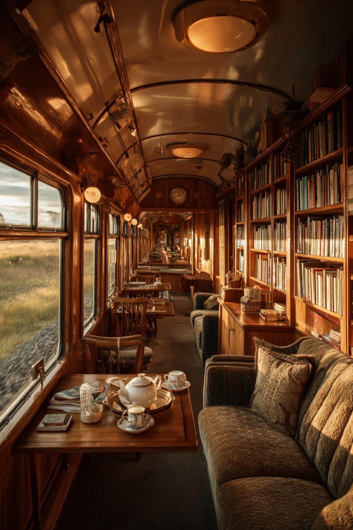 vintage train turned into a traveling library, wood-paneled interior, bookshelves lining the walls, plush seats, tea set on table, countryside rushing by outside the windows, golden hour light, cozy and nostalgic journey
