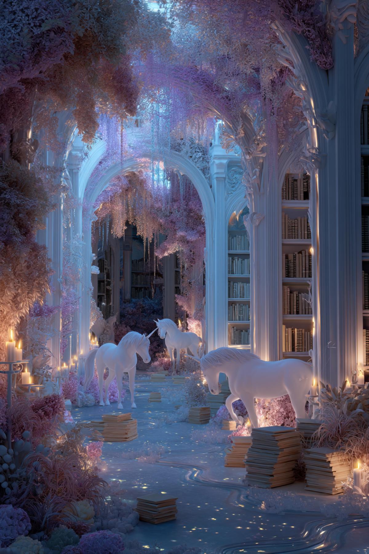fantasy library in a glowing forest, built from crystal and vines, unicorns reading ancient scrolls, floating candles, bioluminescent flowers, soft blue and pink twilight, magical sparkles, enchanting atmosphere, high detail