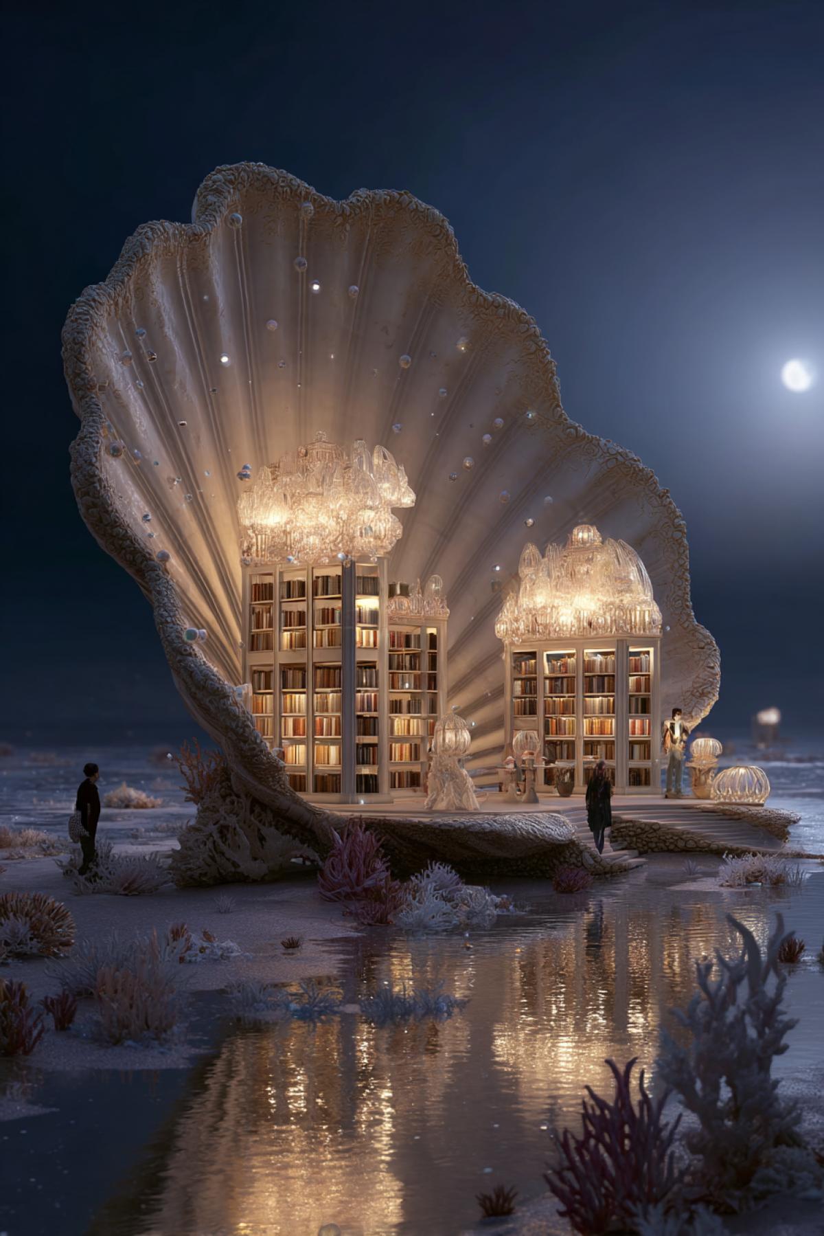 seashell-shaped library on a moonlit beach, pearl chandeliers, coral bookcases, sea creatures wandering between shelves, glowing water reflections, fantasy marine world, surreal and elegant