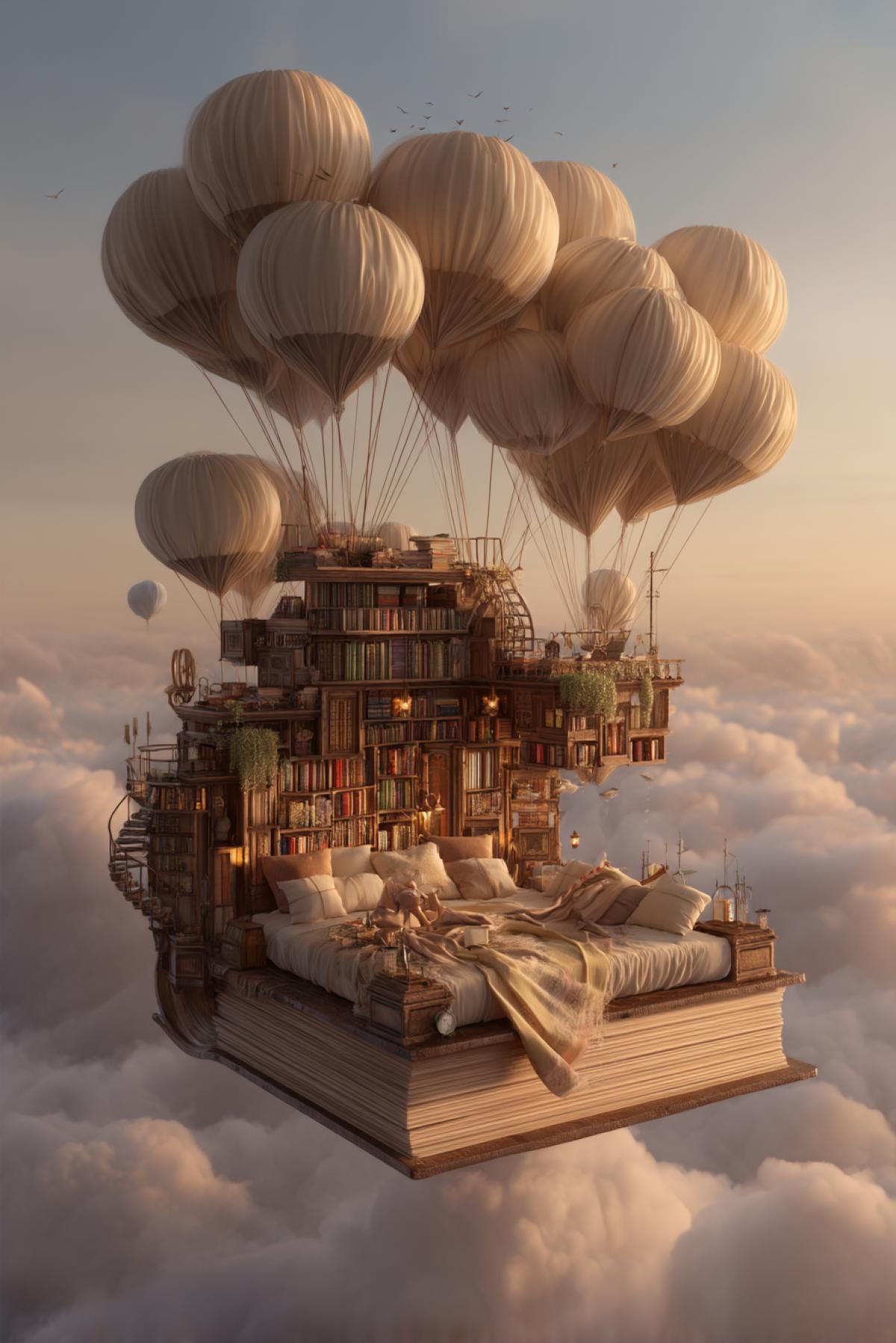 floating library built atop a big bouquet of hot air balloons, antique bookshelves swaying gently, clouds all around, children reading on cozy pillows, soft golden hour light, whimsical fantasy setting, detailed steampunk elements